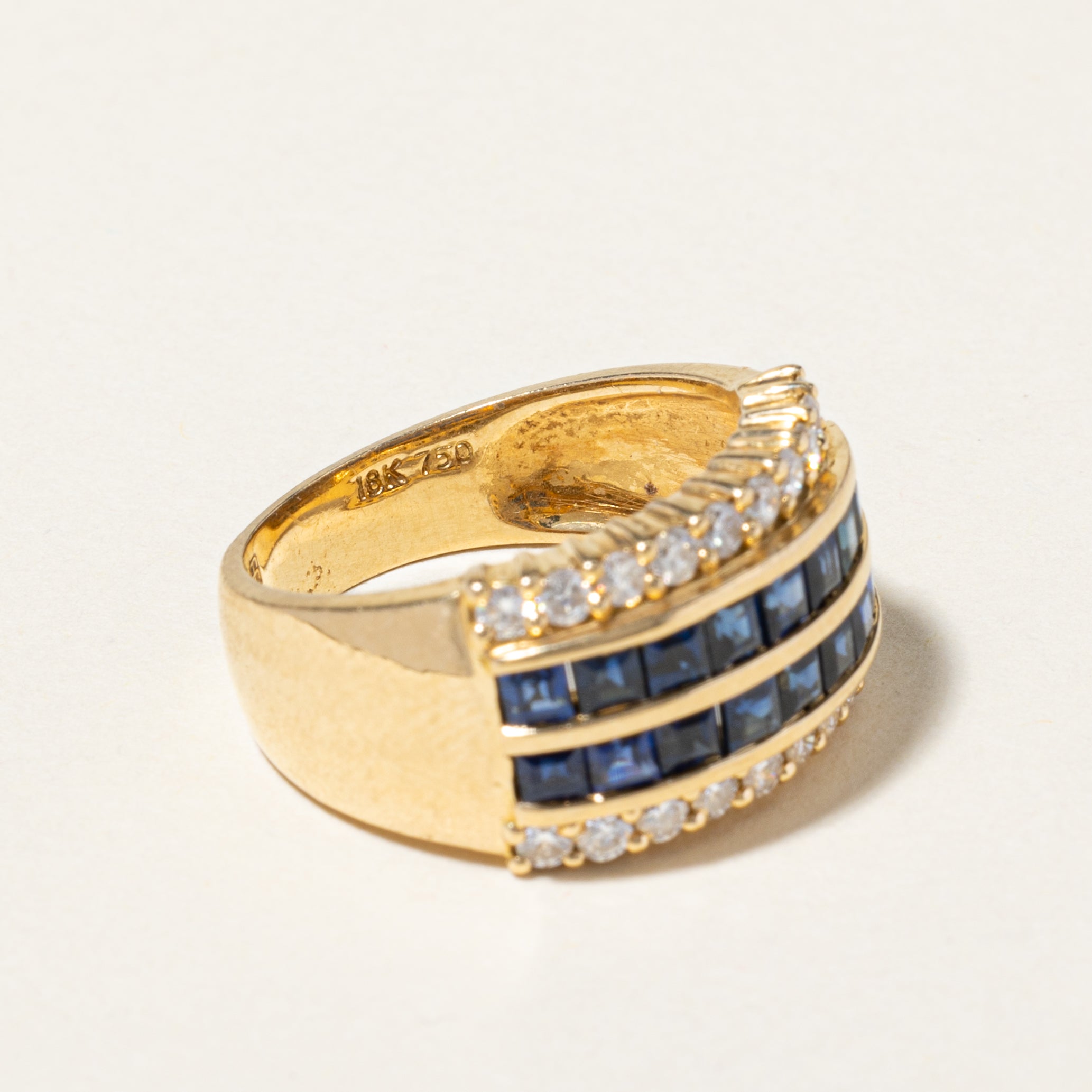 18K Yellow Gold Double Row Sapphire and Diamond Ring - 1.52ctw Sapphires & 0.60ctw Diamonds - Size 6.25 - Elegant Wedding, Engagement, Anniversary Jewelry Gift for Women