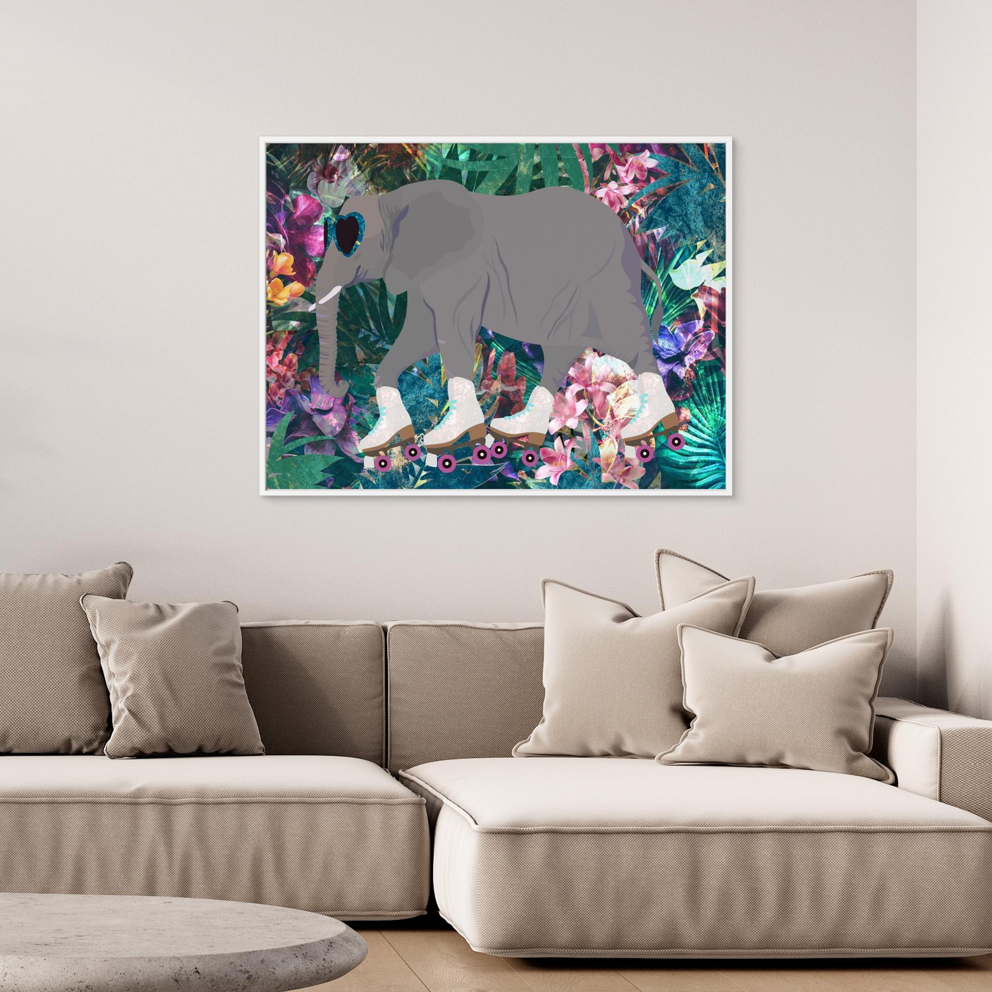 Elephant Rollerskating in the Jungle Canvas Print by Sarah Manovski - Unique Animal Art for Nursery, Kids Room & Skateboarder Decor