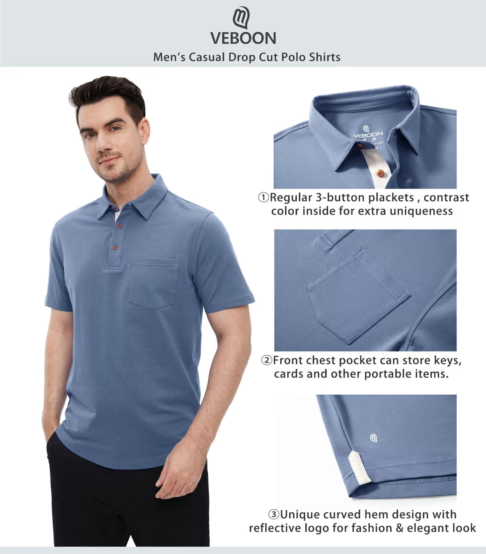 Men's Casual Cotton Blend Polo Shirts - Long & Short Sleeve with Pocket & Drop Cut Collar | Breathable & Comfortable for Work, Golf & Everyday Wear