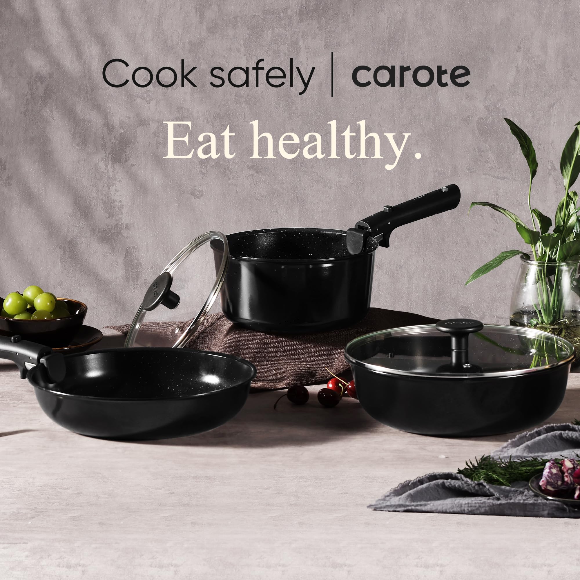 CAROTE 15-Piece Ceramic Non-Stick Cookware Set - Pots and Pans Set for Induction Stove, RV & Kitchen | Detachable Handle, Dishwasher & Oven Safe, Black | Perfect for Home Cooking, Camping & Small Spaces