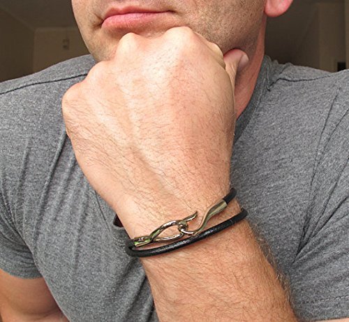 Silver Hook Bracelet for Men - Black Leather Cord Wristband with Secure Hook Closure - Stylish Wrap Bracelet for Him - Durable Leather Mens Jewelry - Perfect for Casual Wear, Date Nights & Gifts