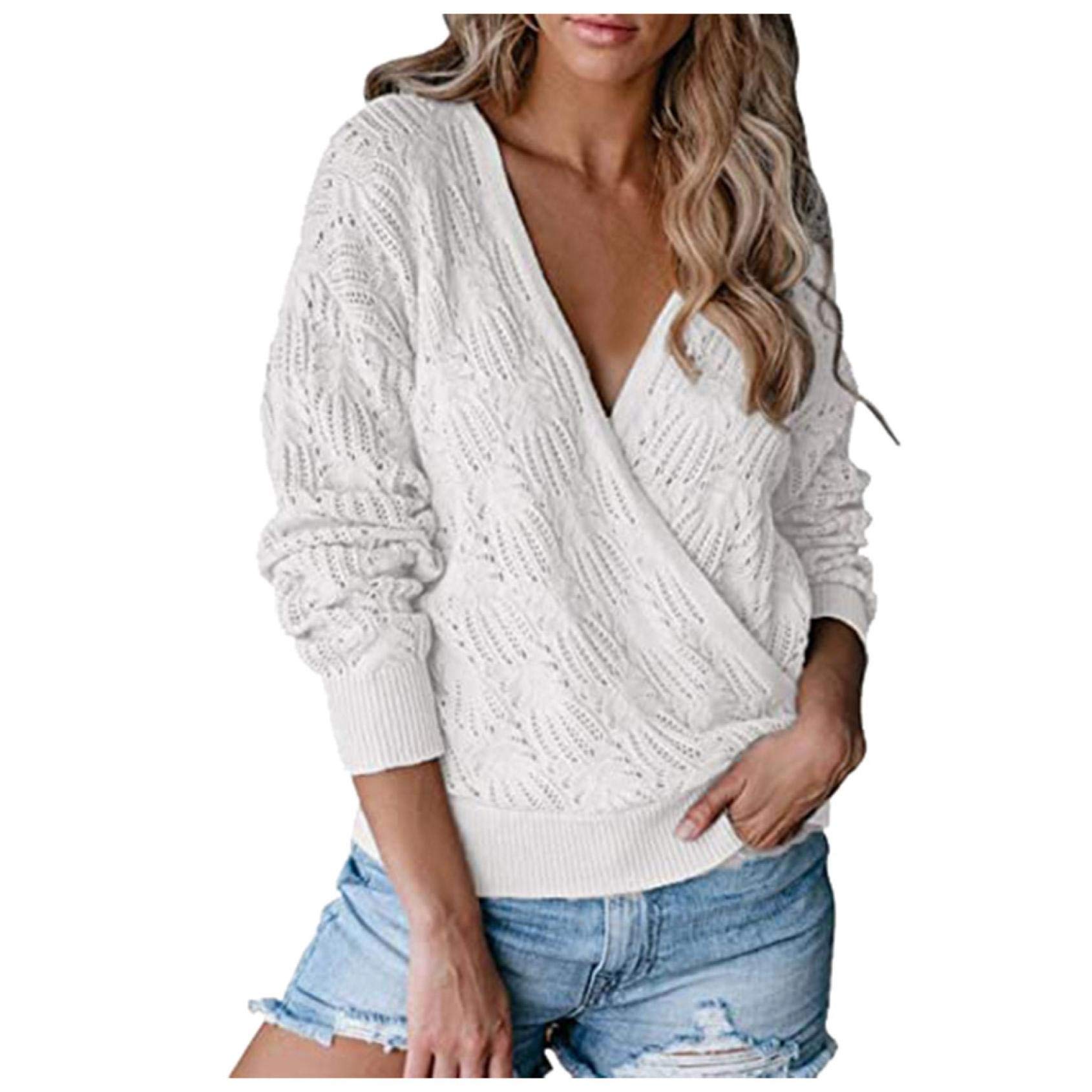 Sexy Women's Deep V Neck Wrap Sweater - Oversized Long Sleeve Waffle Knit Pullover Top for Casual Wear & Date Nights