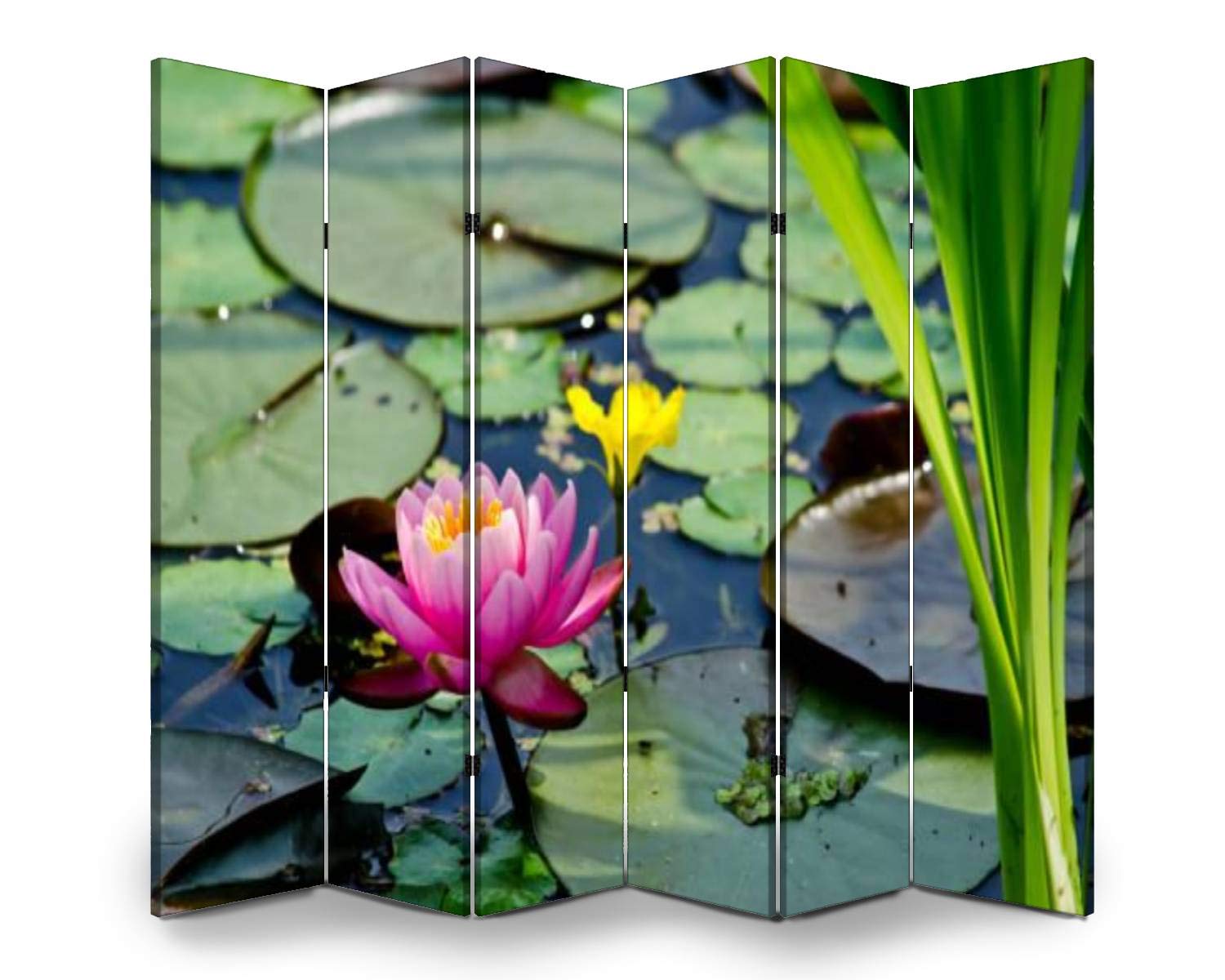 APED DECOR Wooden Room Divider with Lotus Design - 6-Panel Folding Privacy Screen for Home & Office - Dual-Sided Canvas Partition for Bedroom, Living Room & Indoor Spaces