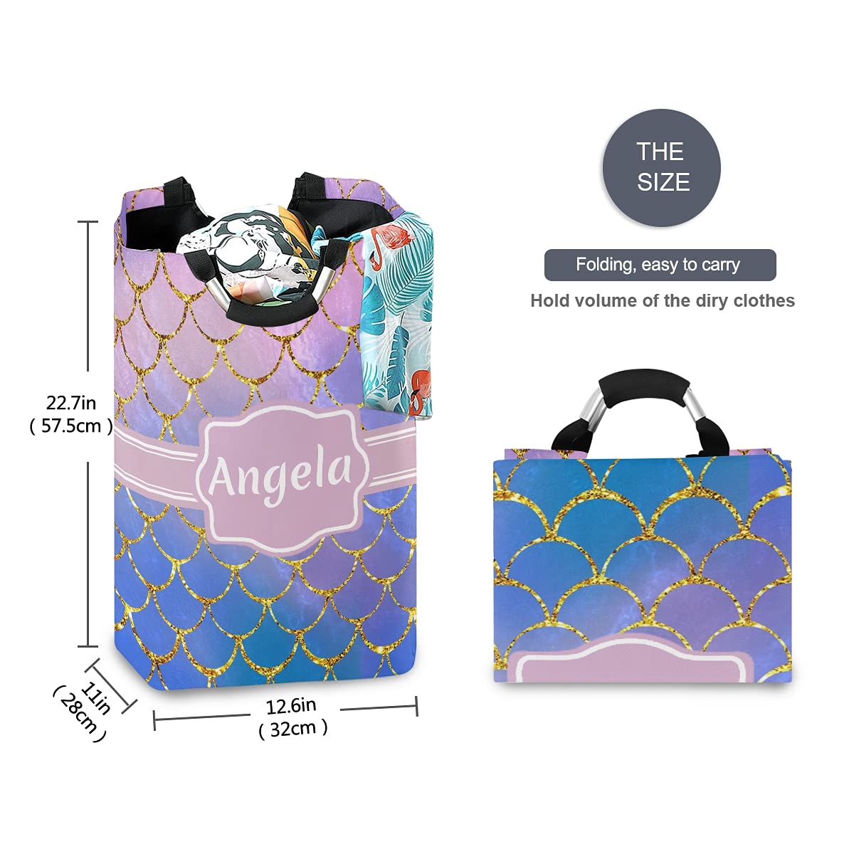DOMIKING Custom Laundry Hamper - Personalized Collapsible Storage Basket with Mermaid Scales Design, Kids Room Organizer for Clothes, Toys & Dorm Essentials | Perfect for Nursery, Bedroom & College Dorm Organization