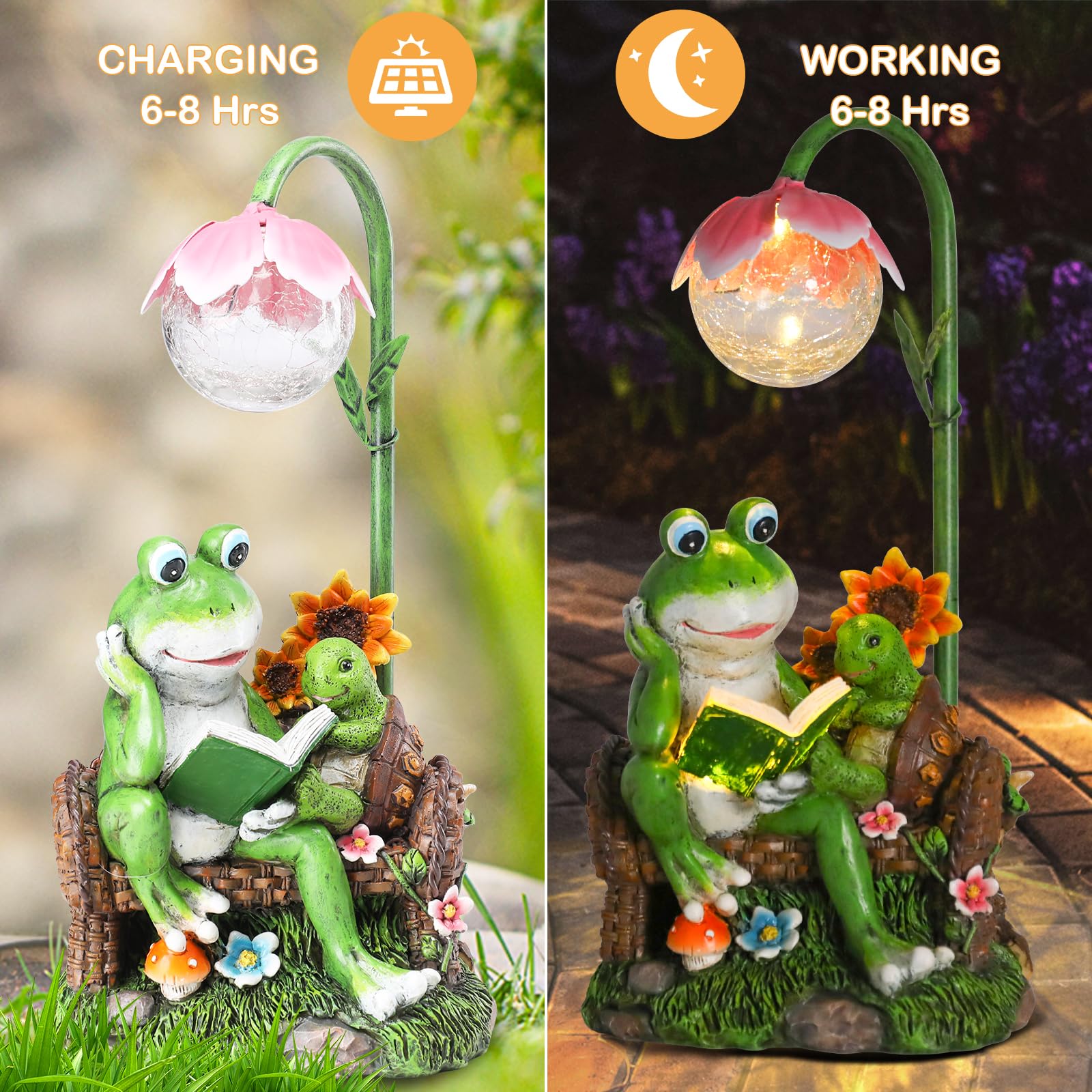 Solar Garden Statues - Frog & Turtle Reading Sculpture with LED Lights | Outdoor Decor for Patio, Balcony, Yard | Weather-Resistant Figurine Gift for Garden Lovers (Perfect for Evening Ambiance & Landscape Decoration)