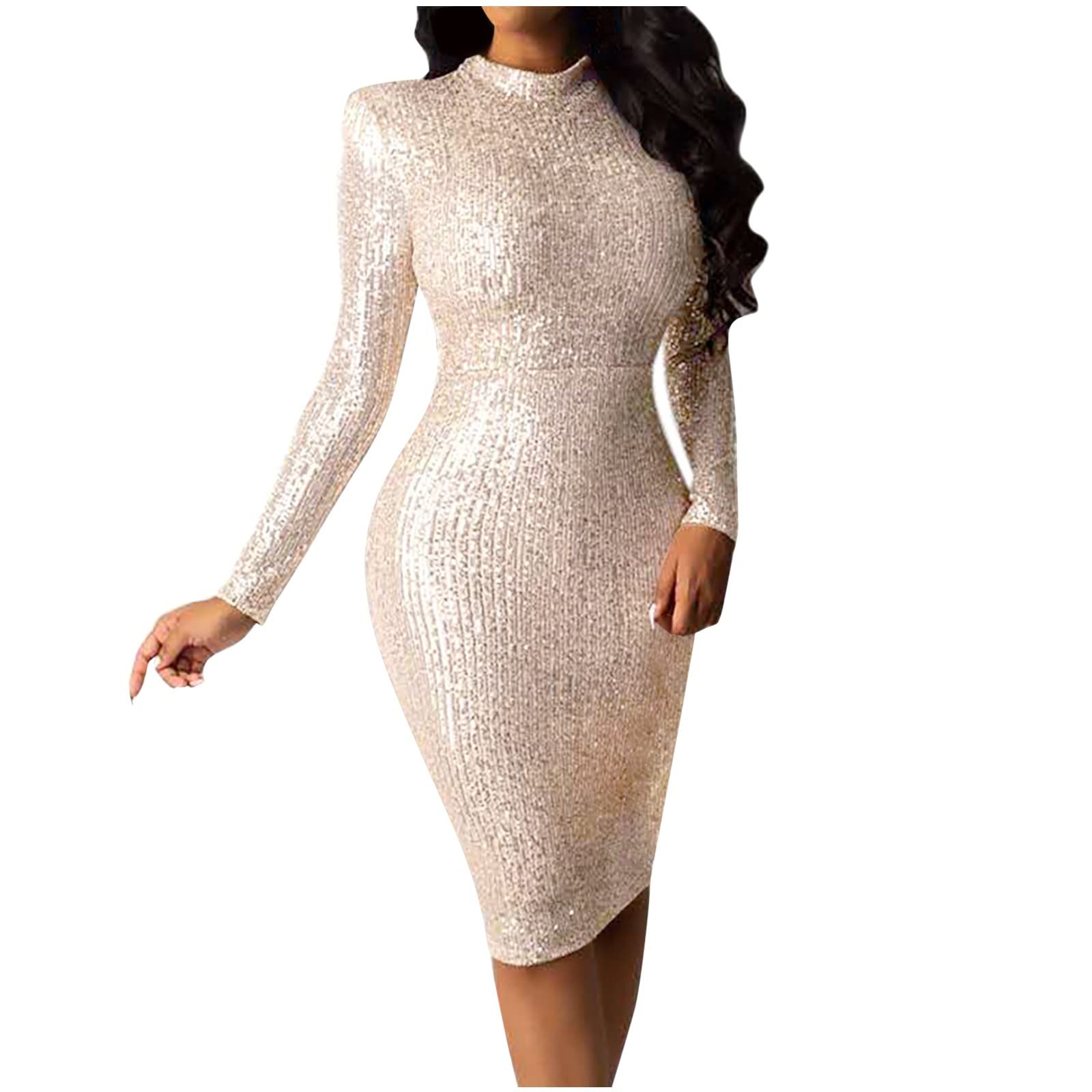 Elegant Women's Long Sleeve Midi Dress with Sequins - Solid Color Wrap Dress for Summer - Perfect for Parties, Date Nights & Special Occasions
