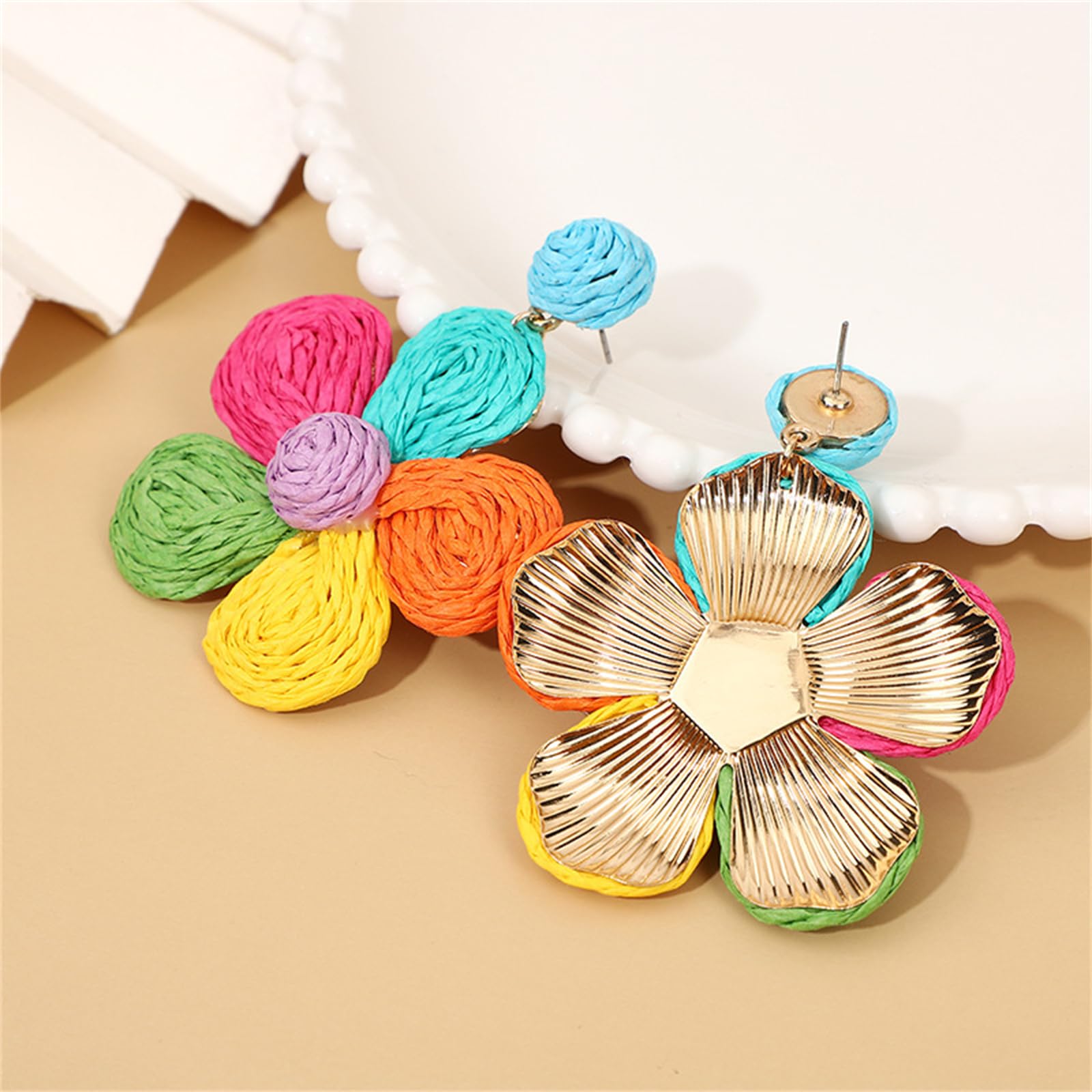 Handmade Bohemian Rattan Flower Dangle Earrings for Women - Colorful Daisy Straw Wrapped Statement Earrings | Perfect for Summer Beach Vacations, Music Festivals & Boho Fashion Outfits
