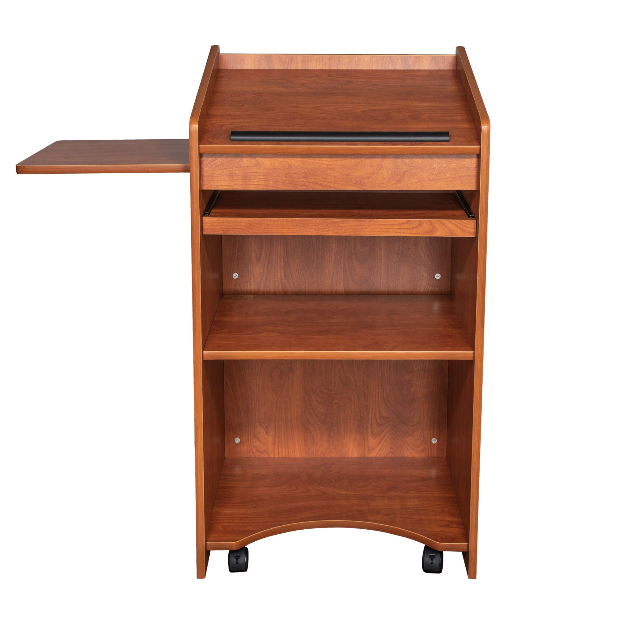 OEF Furnishings Mobile Floor Lectern with Side Shelf & Keyboard Tray - Cherry Wood Adjustable Standing Podium for Church, Classroom, or Office Presentations