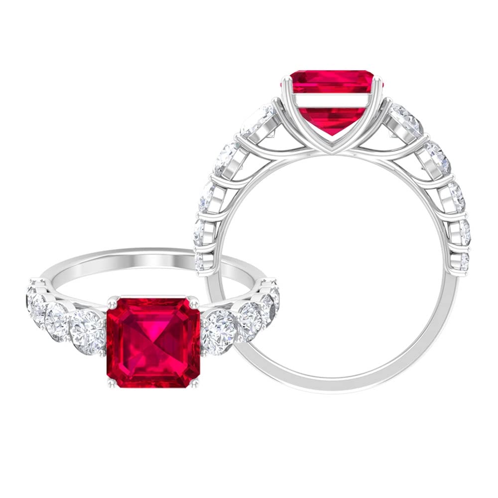 3.50 CT Created Ruby & Moissanite Solitaire Ring - 8MM Cushion Cut Lab-Grown Ruby with Side Stones - 14K Solid Gold Engagement Ring for Women - Perfect for Weddings, Anniversaries & Special Occasions