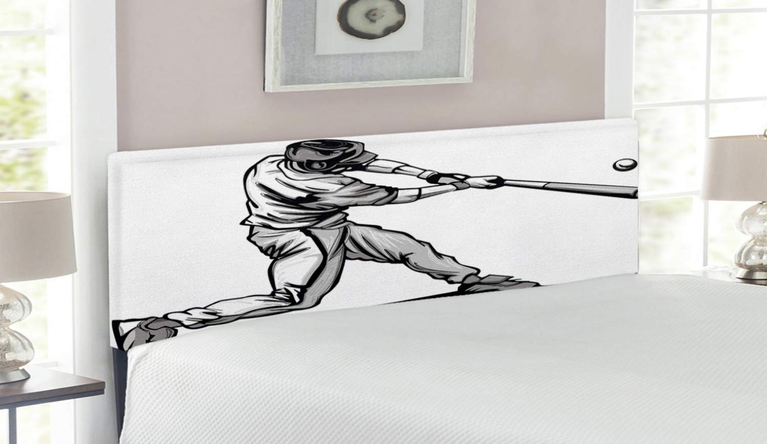 Lunarable Baseball Player Sports Headboard - Hand Drawn Athlete Swinging at Fast Pitch - Upholstered Decorative Metal Bed Frame with Memory Foam - Queen Size Black - Perfect for Sports Themed Bedrooms & Man Caves