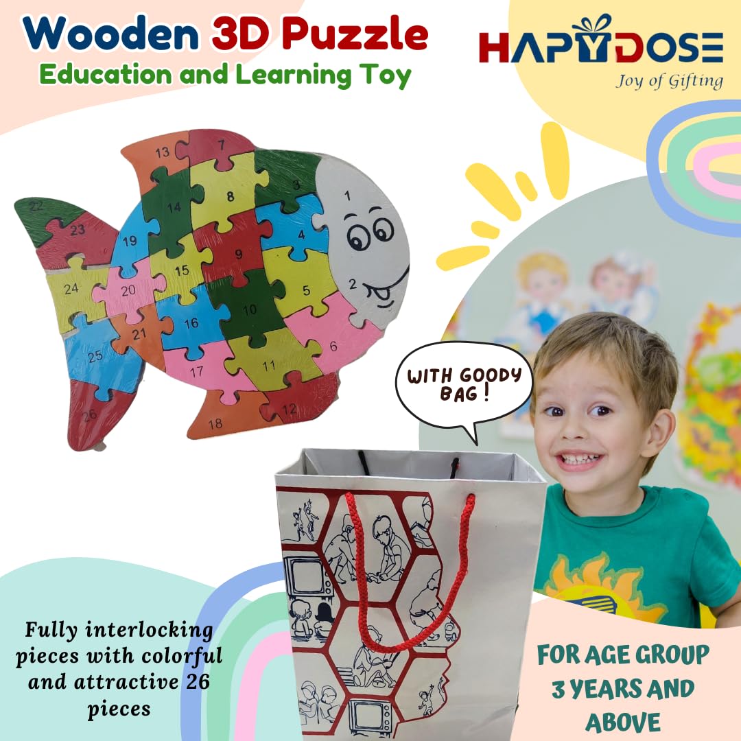 HAPYDOSE Wooden 3D Fish Puzzle A-Z & 1-26 Alphabet Learning Toy with Gift Bag - Montessori Educational Toys for Toddlers Kids Preschool Boys Girls - Perfect Birthday Return Gifts & Early Childhood Development Activity