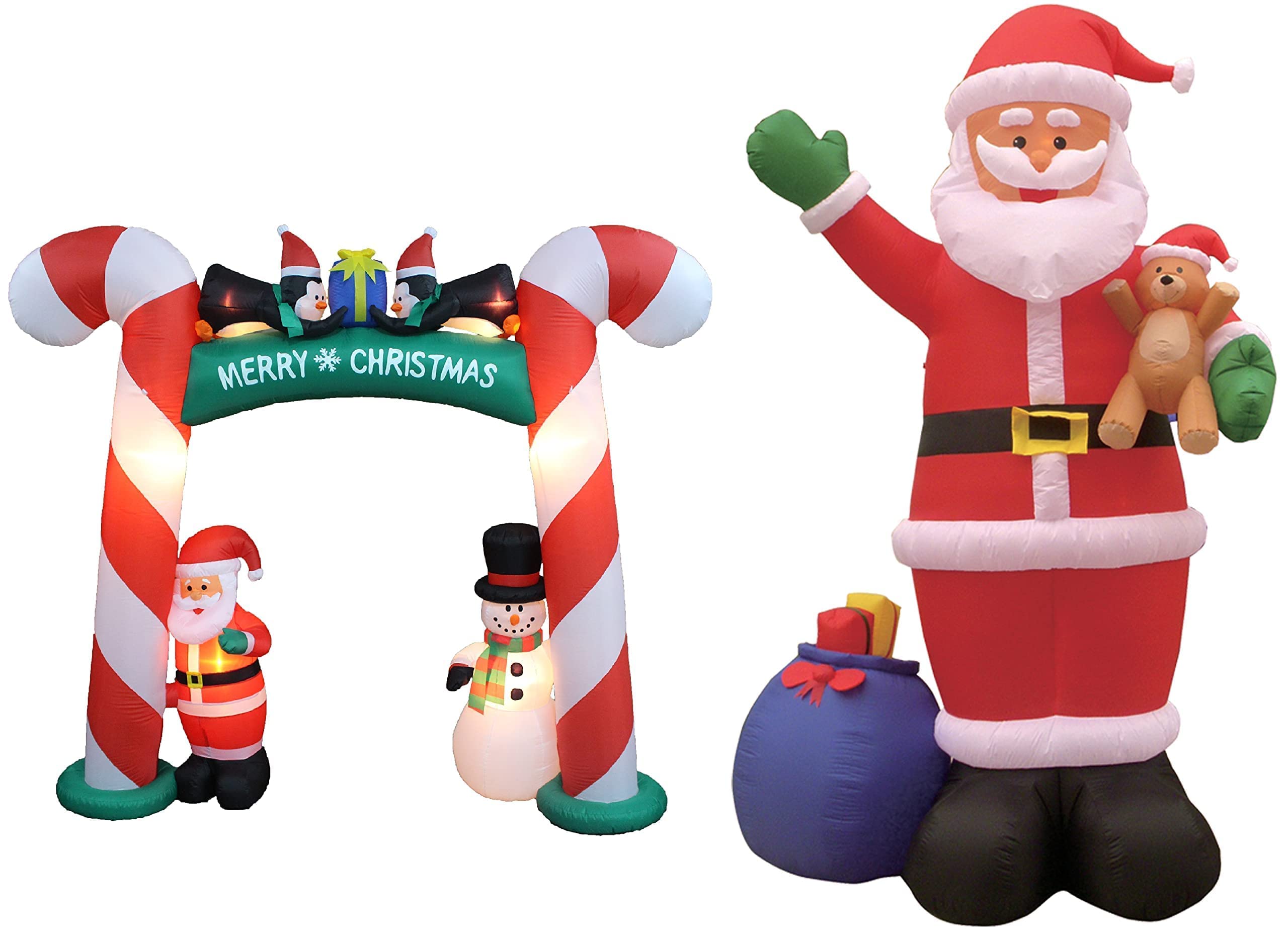 8ft & 12ft Christmas Inflatable Decorations Bundle - Candy Cane Archway, Santa Snowman Penguins & Giant Santa with Gift Bag Bear - Perfect for Outdoor Holiday Party Decor, Yard Display & Christmas Light Shows