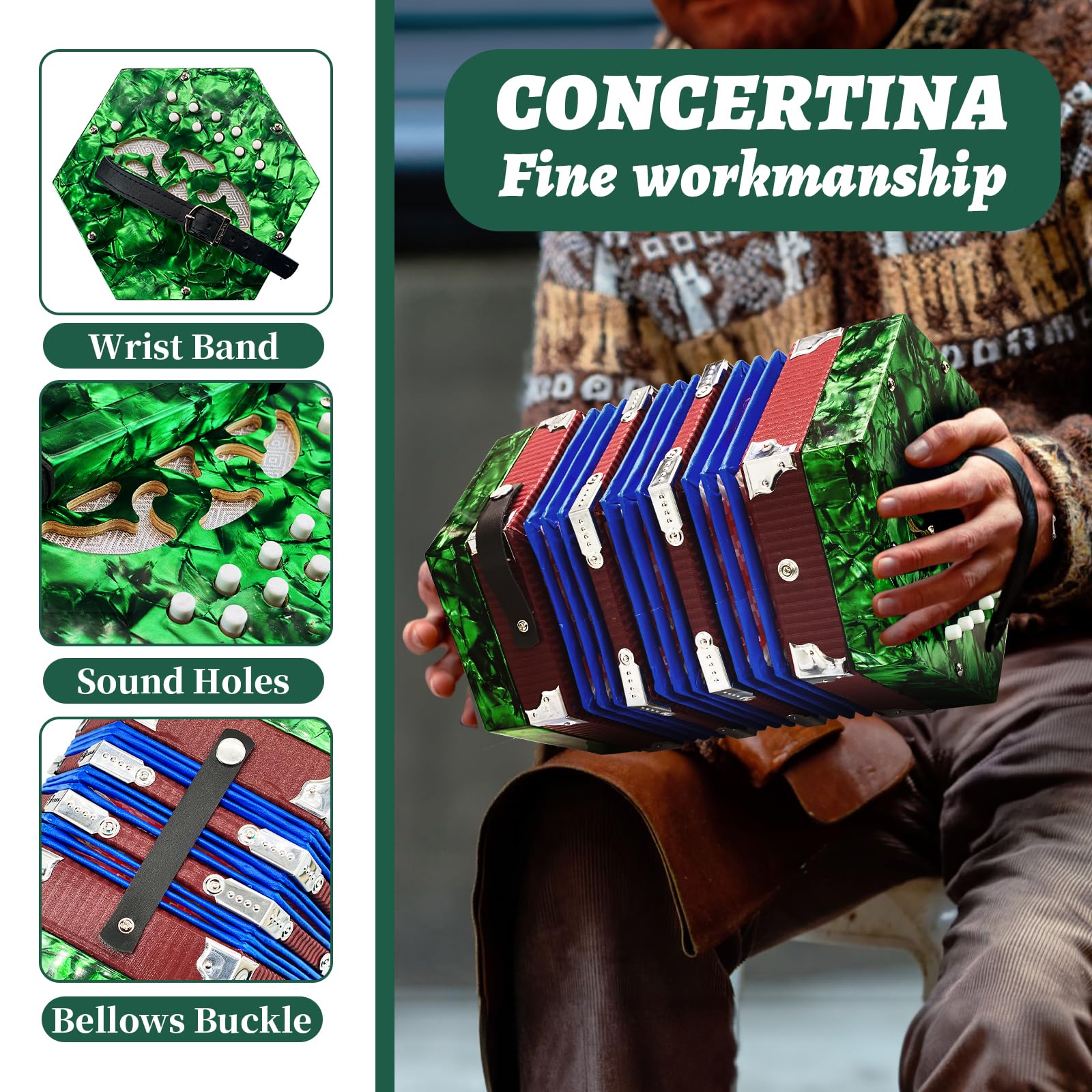 20-Key Professional Concertina Accordion for Adults & Beginners - Adjustable Hand Straps, Green - Perfect for Folk Music, Irish Sessions & Live Performances