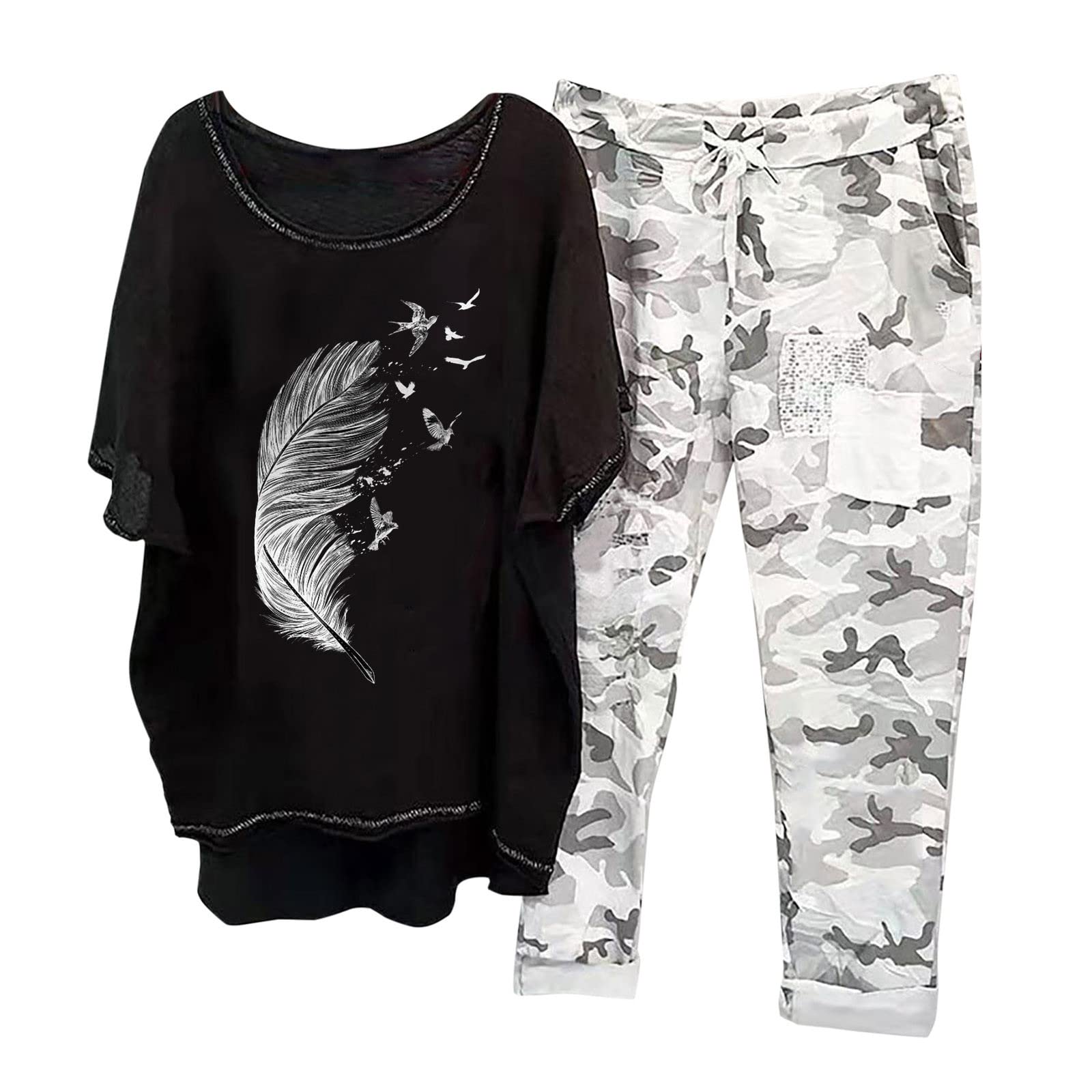 BOXIACEY Women's Linen Two-Piece Set - Plus Size Camo Lounge Wear for Summer Vacation
