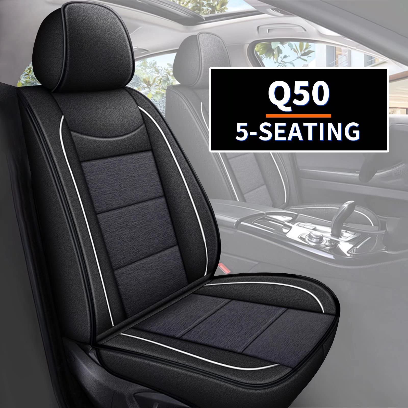 Custom Fit Leather & Linen Seat Covers for Infiniti Q50 2014-2022 - 5-Piece Full Set with Airbag Compatibility | Premium Black Automotive Seat Protectors | Comfortable & Breathable for Daily Commute and Road Trips