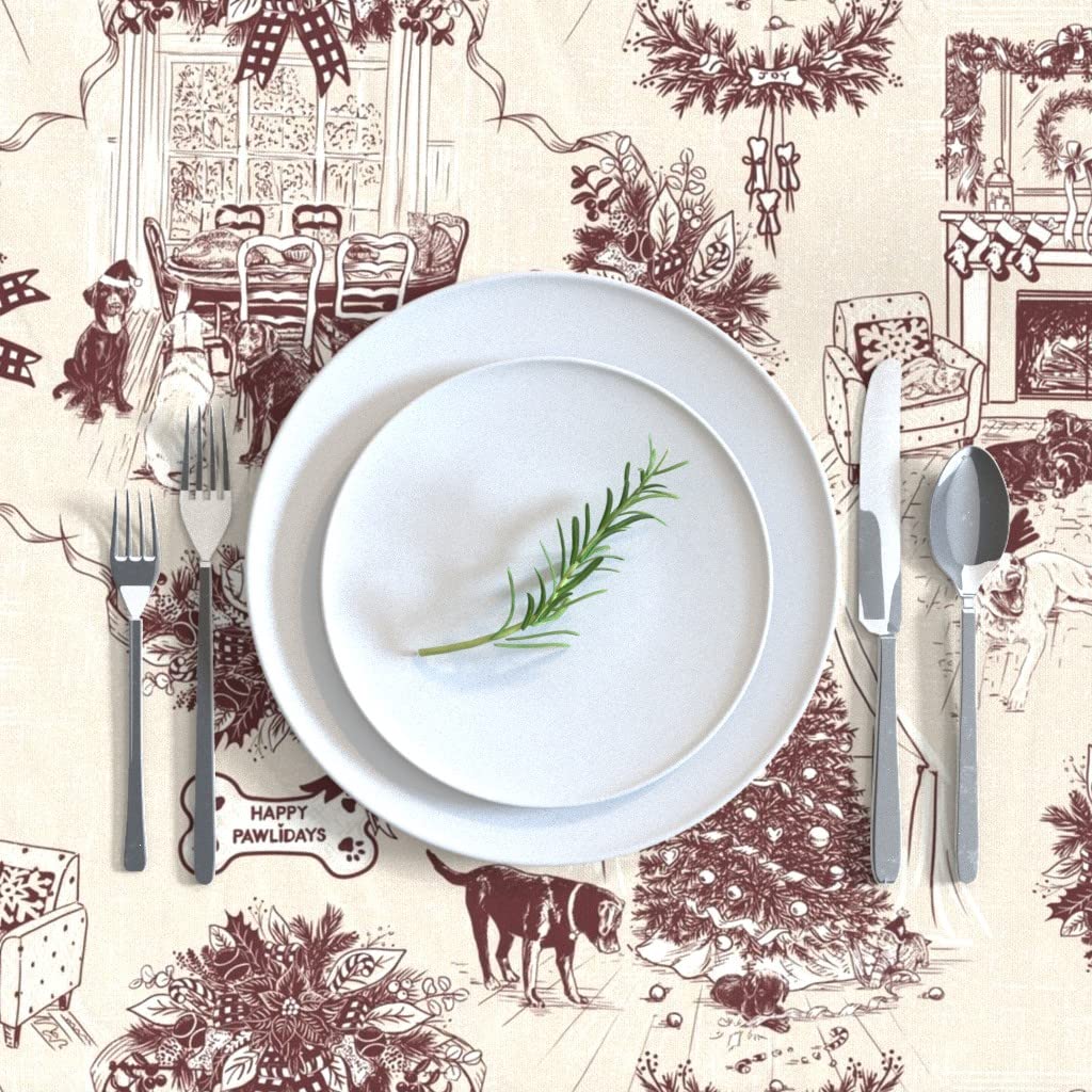 Happy Pawlidays Sepia Toile Print Cotton Sateen Tablecloth 70x90 Inches - Custom Holiday Table Linens for Christmas Dinner, Thanksgiving Decor & Seasonal Home Styling
