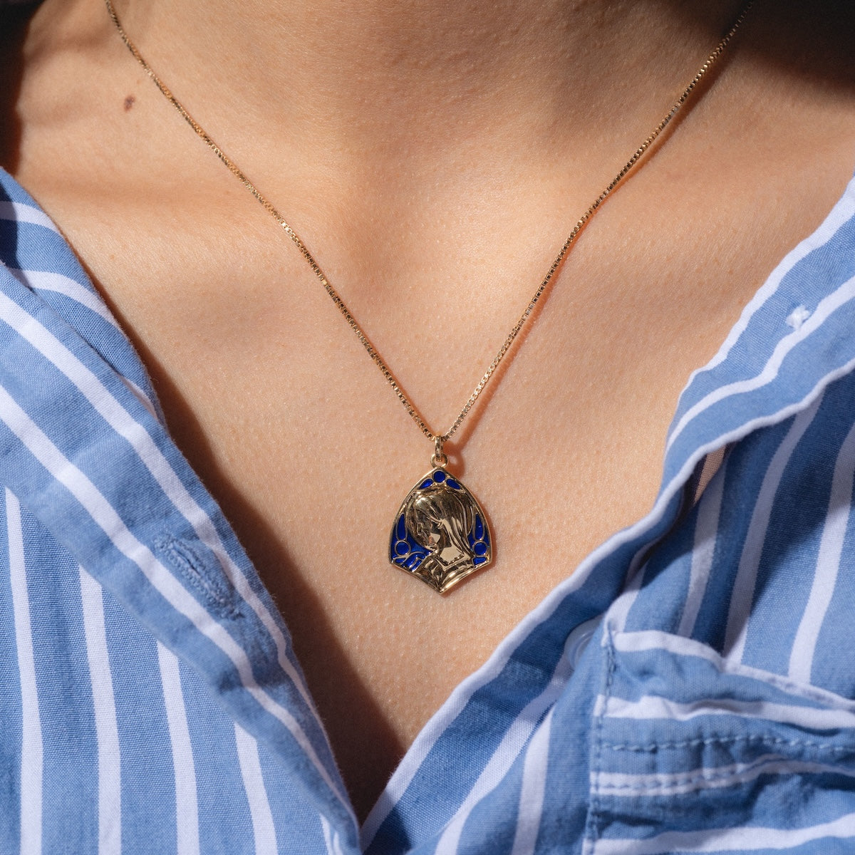 14K Gold Vintage Revival Mother Mary Enamel Charm Pendant - Religious Jewelry for Women, Gifts for Baptism, First Communion & Spiritual Protection
