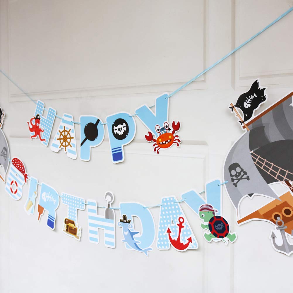 Pirate Birthday Banner Decorations - Pirate Party Supplies for Kids, Boys & Girls - Happy Birthday Banner for 1st, 2nd, 3rd, 4th Birthday & Baby Shower - Perfect for Pirate Themed Parties, Classroom Decor & Photo Backdrops