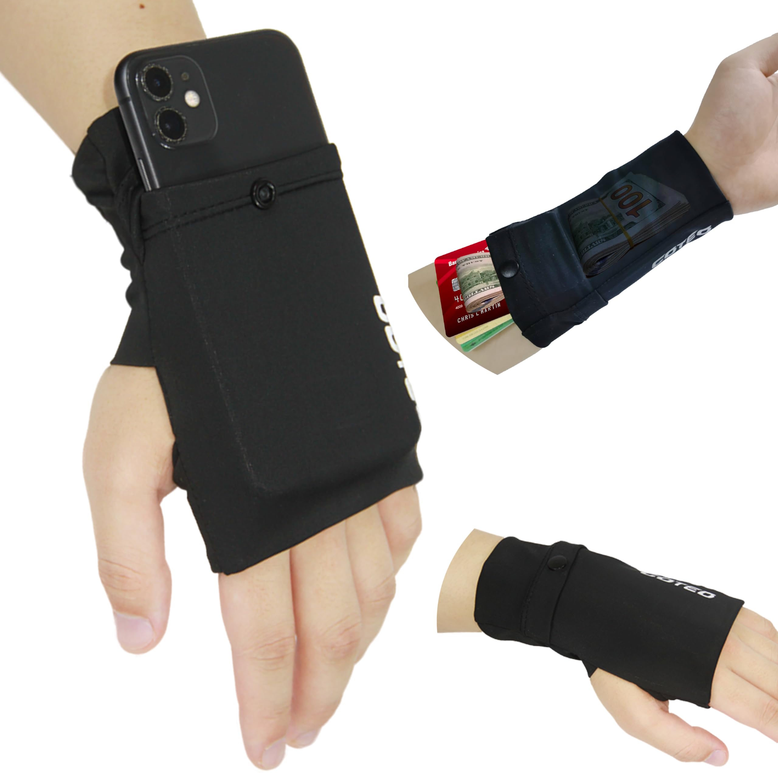 Running Armband for iPhone - Adjustable Phone Holder Wristband Pouch with Reflective Stripe for Workout, Jogging, Hiking & Gym - Secure Sports Arm Wallet (Black, Medium, Left Hand)