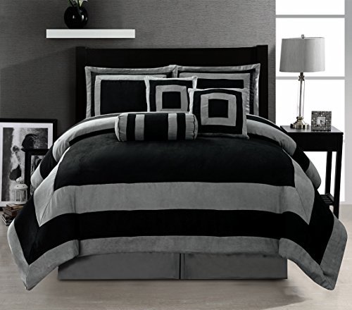 Premium Oversized Linen Comforter Set - Black & Grey Micro Suede Patchwork Design - California King Size Bed in a Bag - Luxury Bedding for Master Bedrooms & Guest Rooms