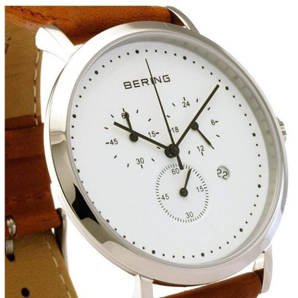 BERING 10540 504 Classic Chronograph Men's Watch - White Dial, Brown Leather Strap | Waterproof Dress Watch for Business, Formal & Casual Wear