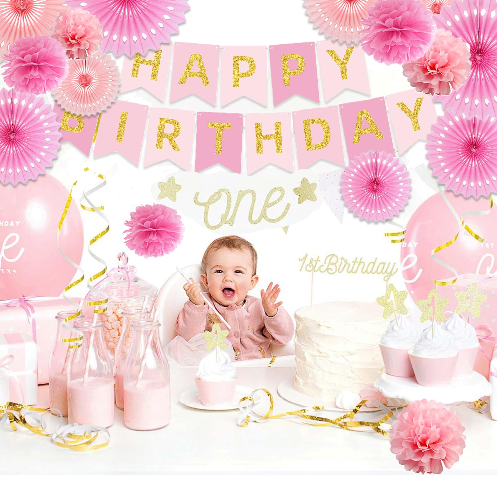 Pink Birthday Party Decorations Kit - Happy Birthday Banner, Tissue Paper Pom Poms & Hanging Fans for Women & Girls | Perfect for Birthday Celebrations, Baby Showers & Bridal Showers