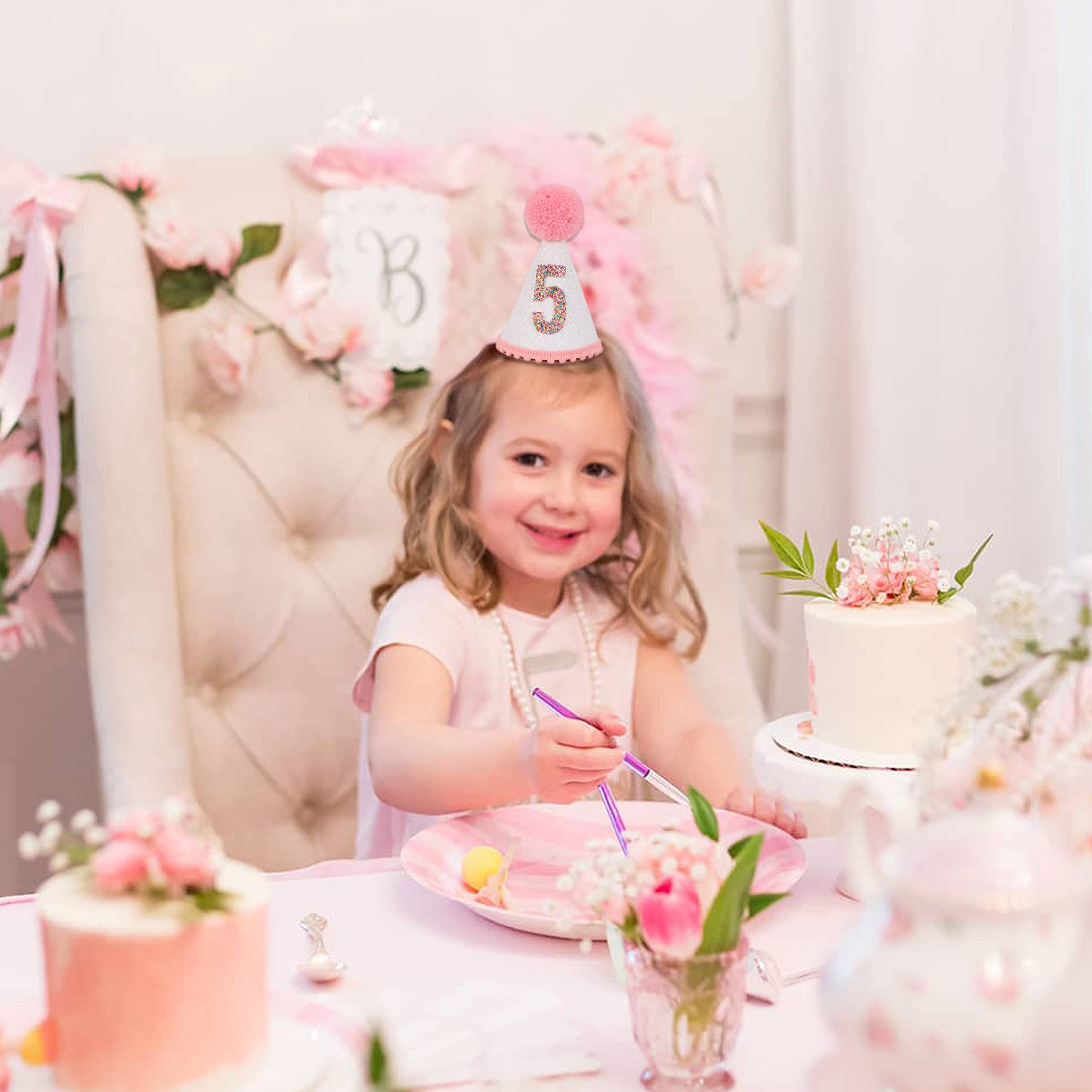 Sparkly Pink Glitter Birthday Hat with Pom Topper for Girls - Cute Party Accessories for Birthday Celebrations, Photo Booths & Princess Themed Events