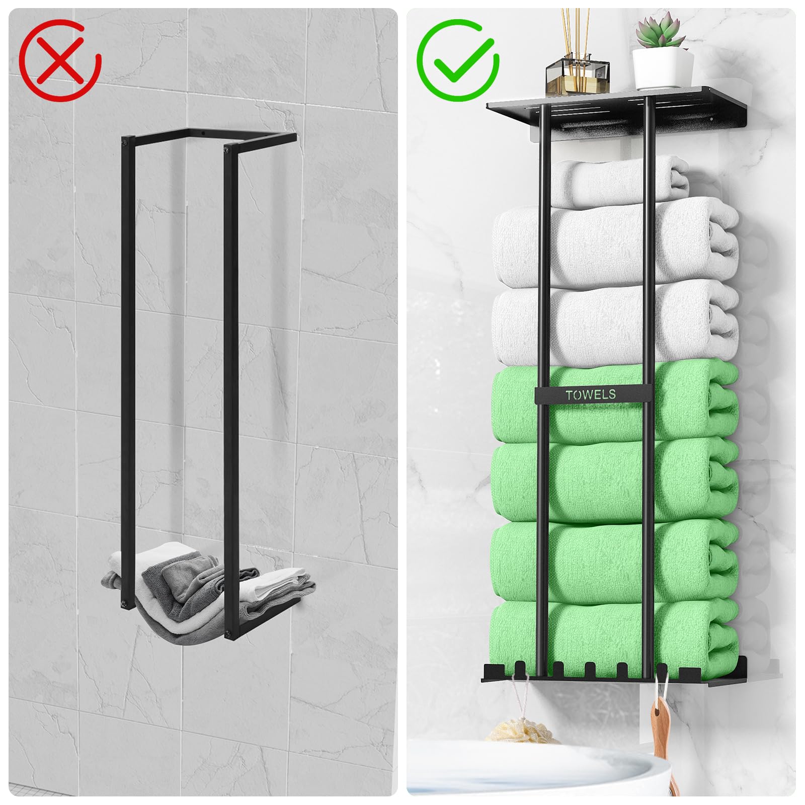 Sturdy 30-Inch Metal Towel Rack with Shelf & 5 Hooks - Wall Mounted Bathroom Storage Holder for 6 Large or Rolled Towels (Black) - Perfect for Spa, Guest Bathrooms & Laundry Rooms