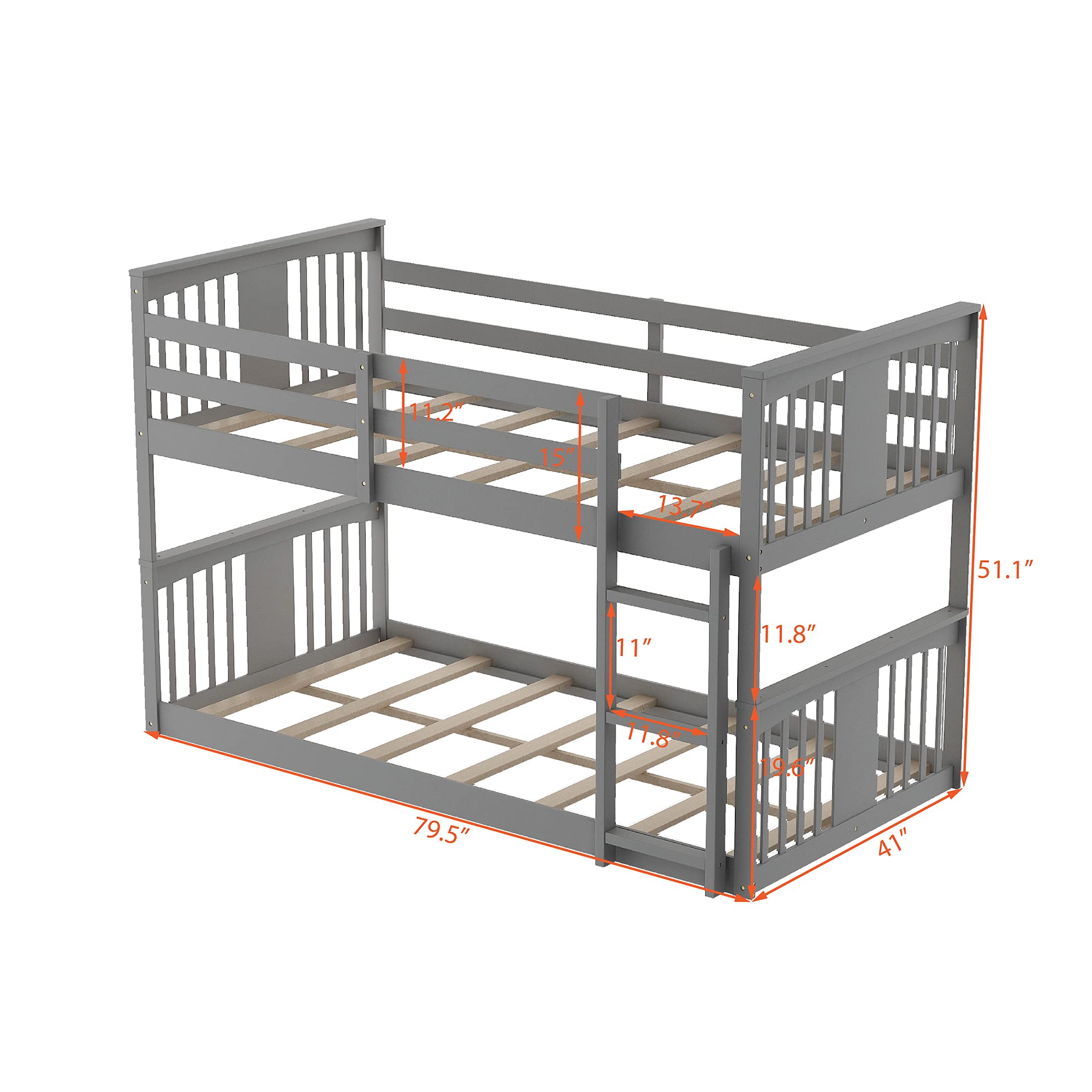 LZ LEISURE ZONE Twin Over Twin Wooden Bunk Bed with Ladder - Space-Saving Grey Twin Size Bunk Bed for Kids & Teens - No Box Spring Needed - Perfect for Small Bedrooms, Guest Rooms & Vacation Homes
