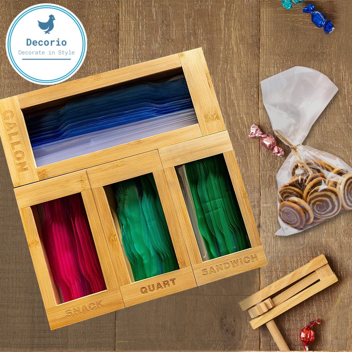 Decorio Bamboo Ziplock Bag Organizer - Kitchen Drawer Organizer for Food Storage, Plastic Bag Holder & Dispenser - Perfect for Pantry, Camping & Holiday Gifts (Christmas Gift Idea)