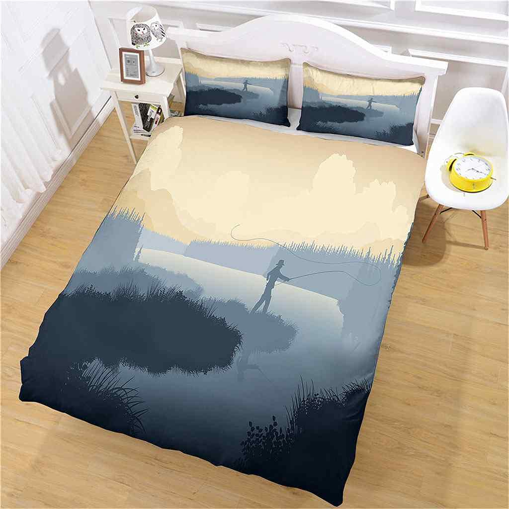 Modern Blue Lake Fisherman Duvet Cover Set Queen 90x90 Inches - Soft Microfiber Comforter Cover with Zipper Closure & Corner Ties, Includes 2 Pillow Shams - Perfect for Cozy Bedroom Decor & Guest Room Styling