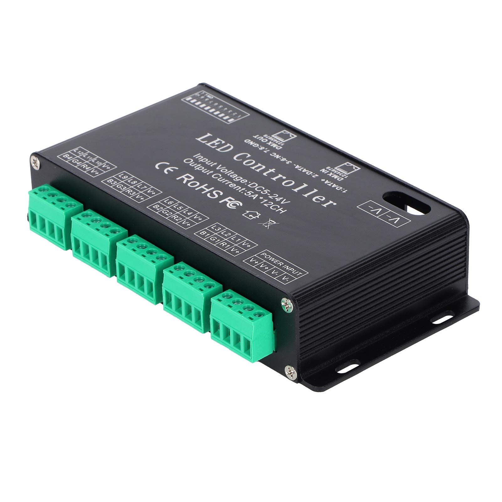 Walfront 12 Channel DMX512/1990 LED RGB Strip Light Controller - Constant Current Decoder & Dimmer Board with DIP Switch (DC 5-24V) for Stage Lighting, Home Theater, and Architectural Lighting