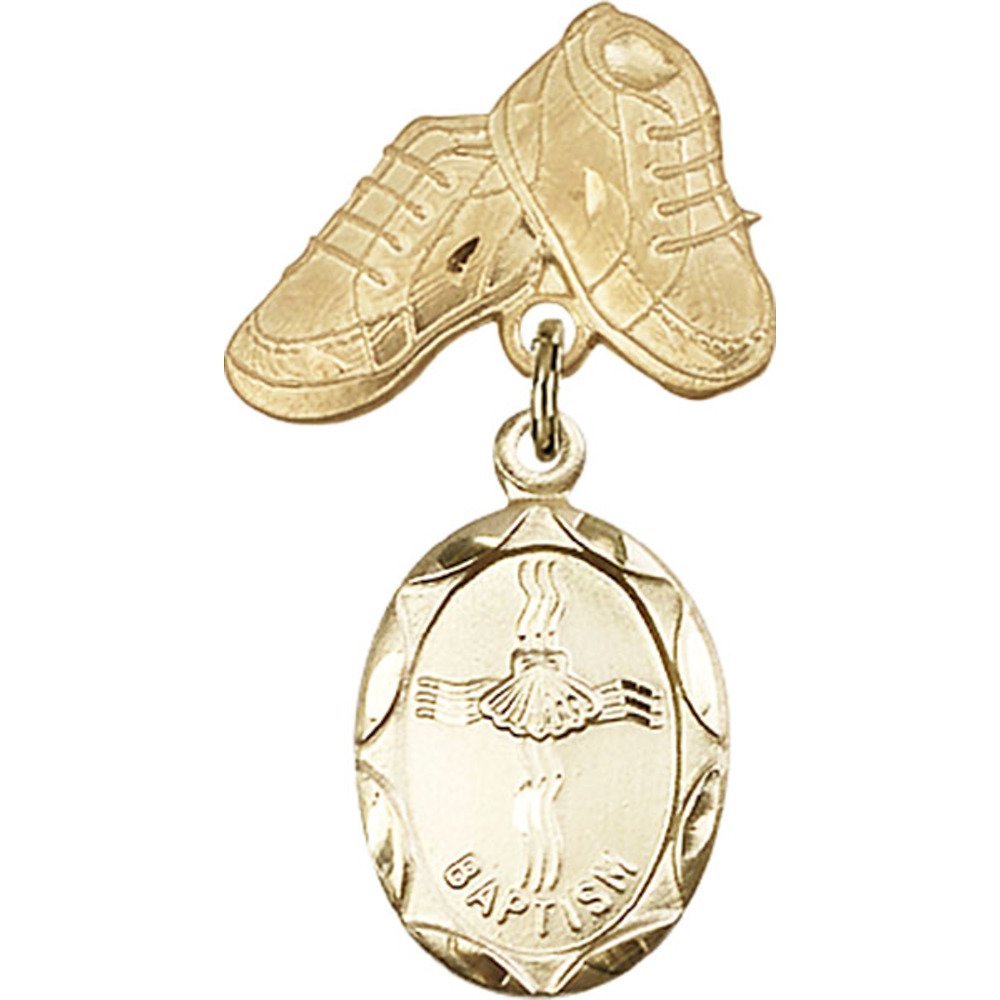 Gold Filled Baby Badge with Baptism Charm & Baby Boots Pin - 1 1/4 X 5/8 Inches - Perfect for Christening Gifts, Baby Showers & Keepsakes
