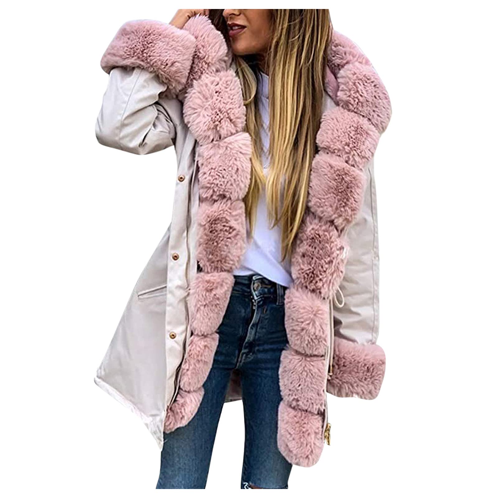 Women's Fashion Faux Fur Hooded Winter Coat - Fleece Lined Drawstring Padded Jacket with Zipper, Slim Fit Snow Suit for Cold Weather (Beige, XXXL) | Perfect for Winter Outdoor Activities, Snowboarding & Casual Wear