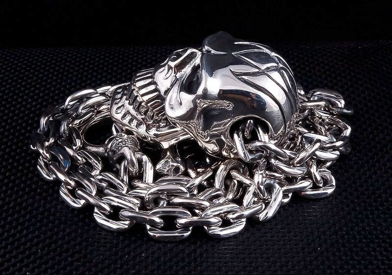 Big Head Skull Sterling Silver Biker Chain Necklace - Gothic Punk Jewelry for Men & Women - Perfect for Motorcycle Riders, Rock Concerts & Halloween Costumes