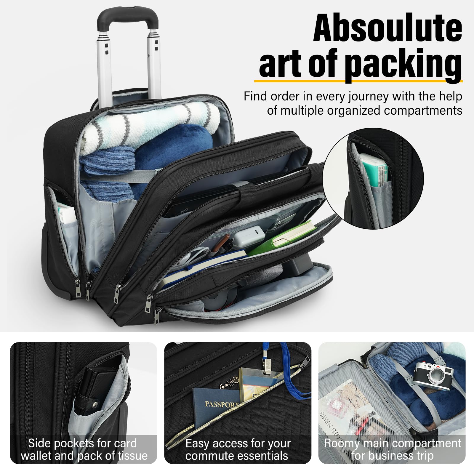 Coolife 17.3 Inch Rolling Laptop Briefcase Bag with Wheels - Durable Mobile Office Laptop Case for Business Travel & Daily Commute