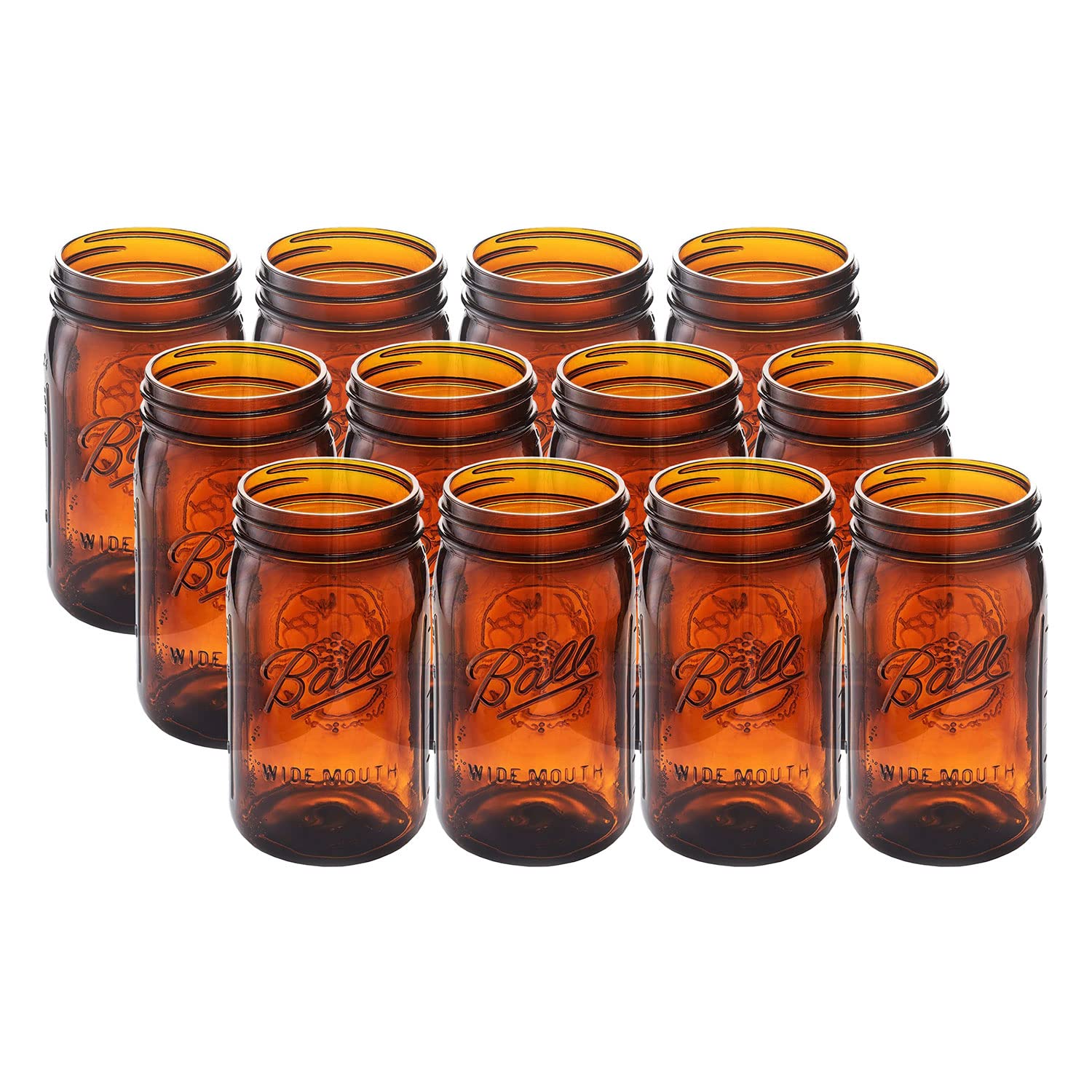 Premium Amber Glass Wide Mouth Mason Jars (32 oz/Quart) - UV Light Protection, Microwave & Dishwasher Safe - Set of 12 - Ideal for Canning, Food Storage, DIY Crafts & Home Decor (Lids Not Included)