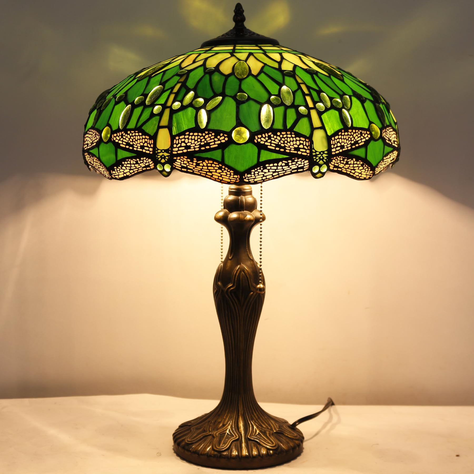 Tiffany Style Table Lamp - Green Stained Glass Dragonfly Design, 16x16x24 Inch Bedside Lamp with Metal Base for Bedroom, Living Room & Home Office | Perfect for Reading, Decor & Ambient Lighting (S459 Series)