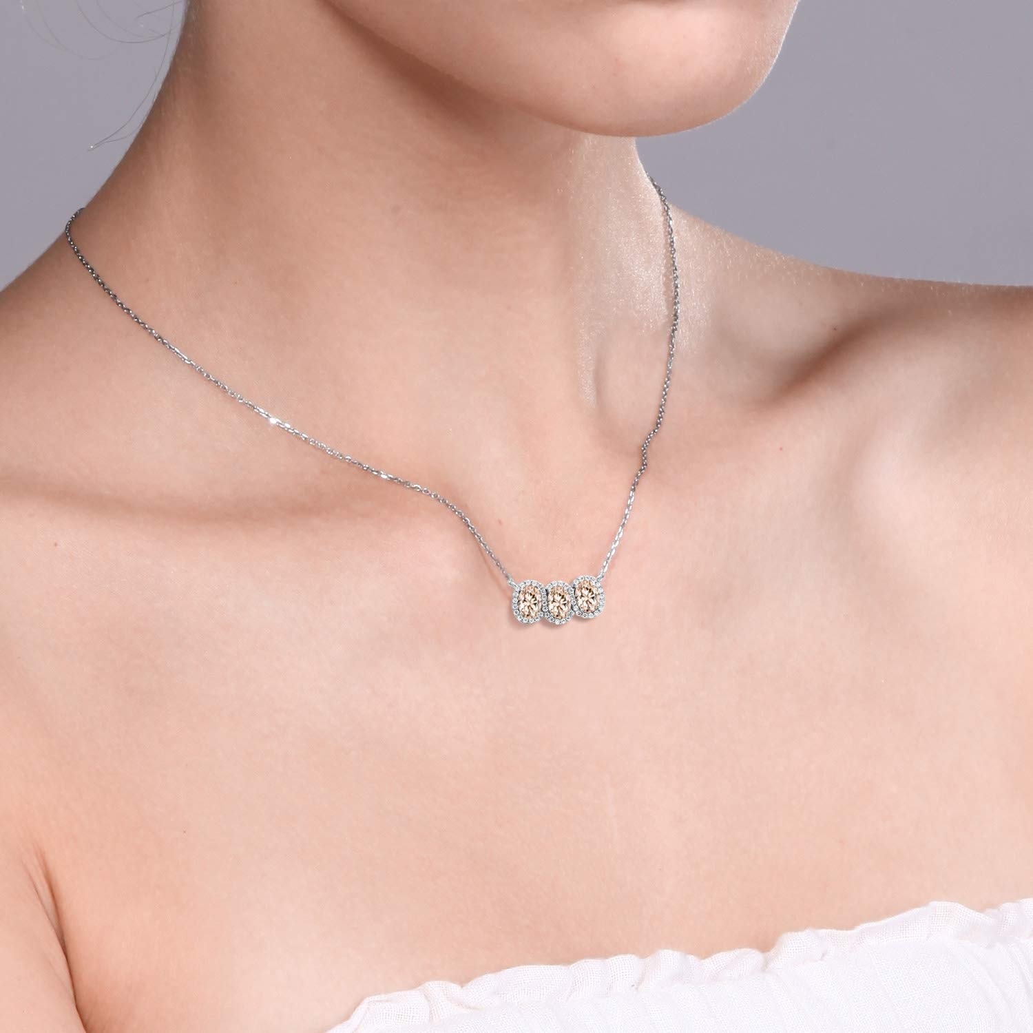 Gem Stone King 925 Sterling Silver Birthstone Necklace for Women - 3 Stone Oval Pendant (7x5mm) with 18