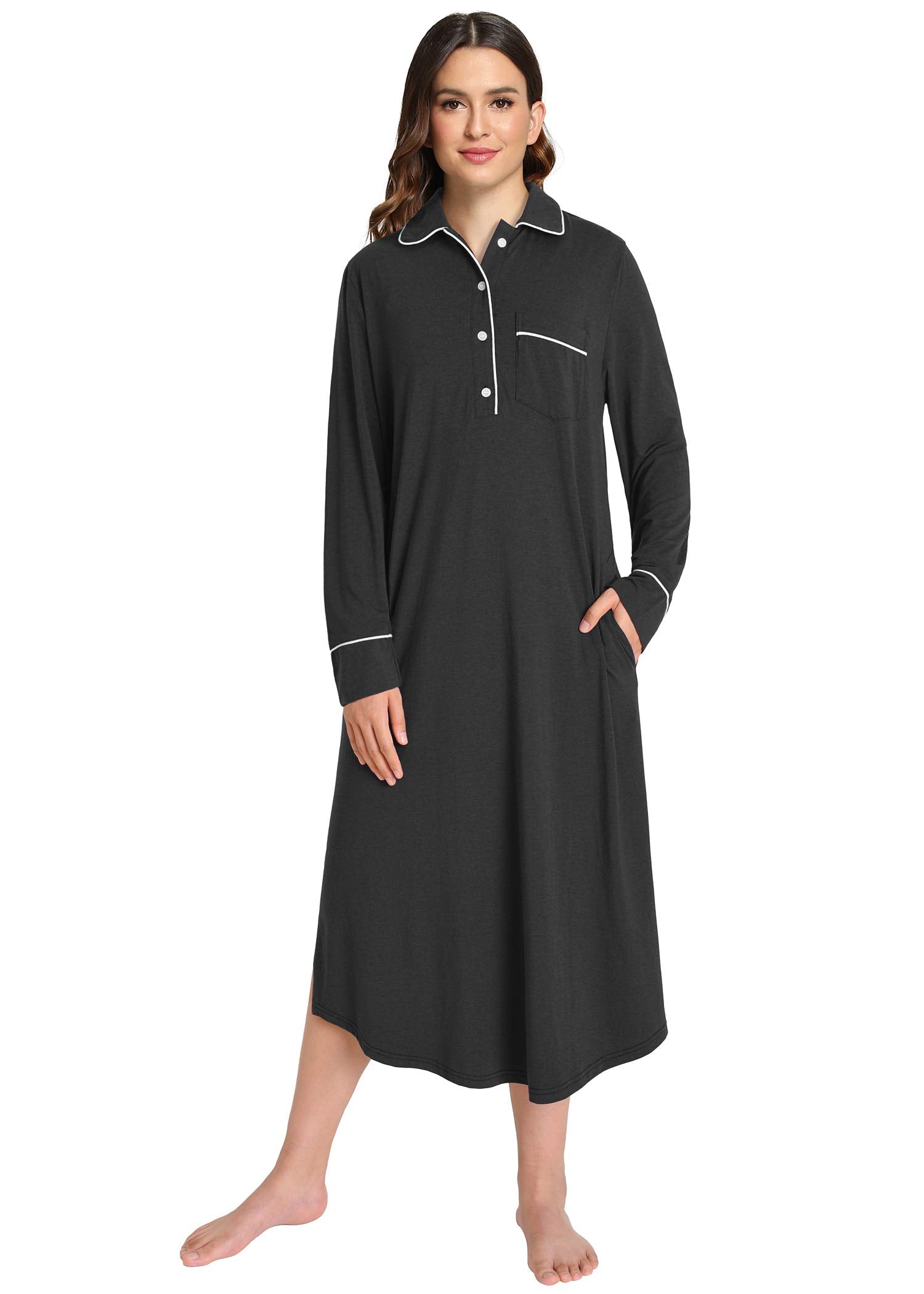 Women's Soft Cotton Button Down Sleep Shirt - Long Sleeve Comfortable Nightgown for Relaxing at Home & Lounge Wear