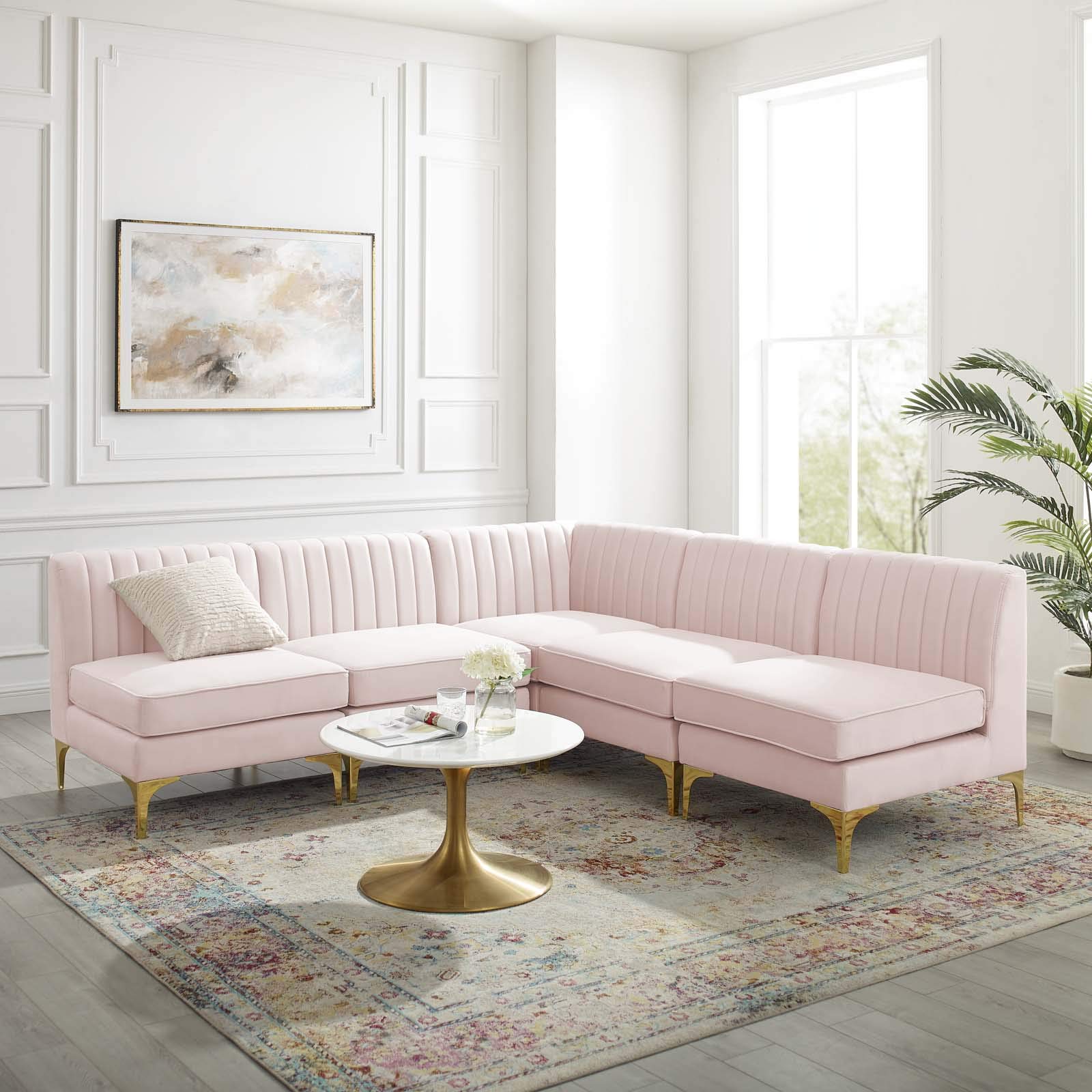 Modway Triumph Channel Tufted 5-Piece Velvet Sectional Sofa Set in Pink - Luxurious Comfort for Living Room, Lounge & Home Theater Seating