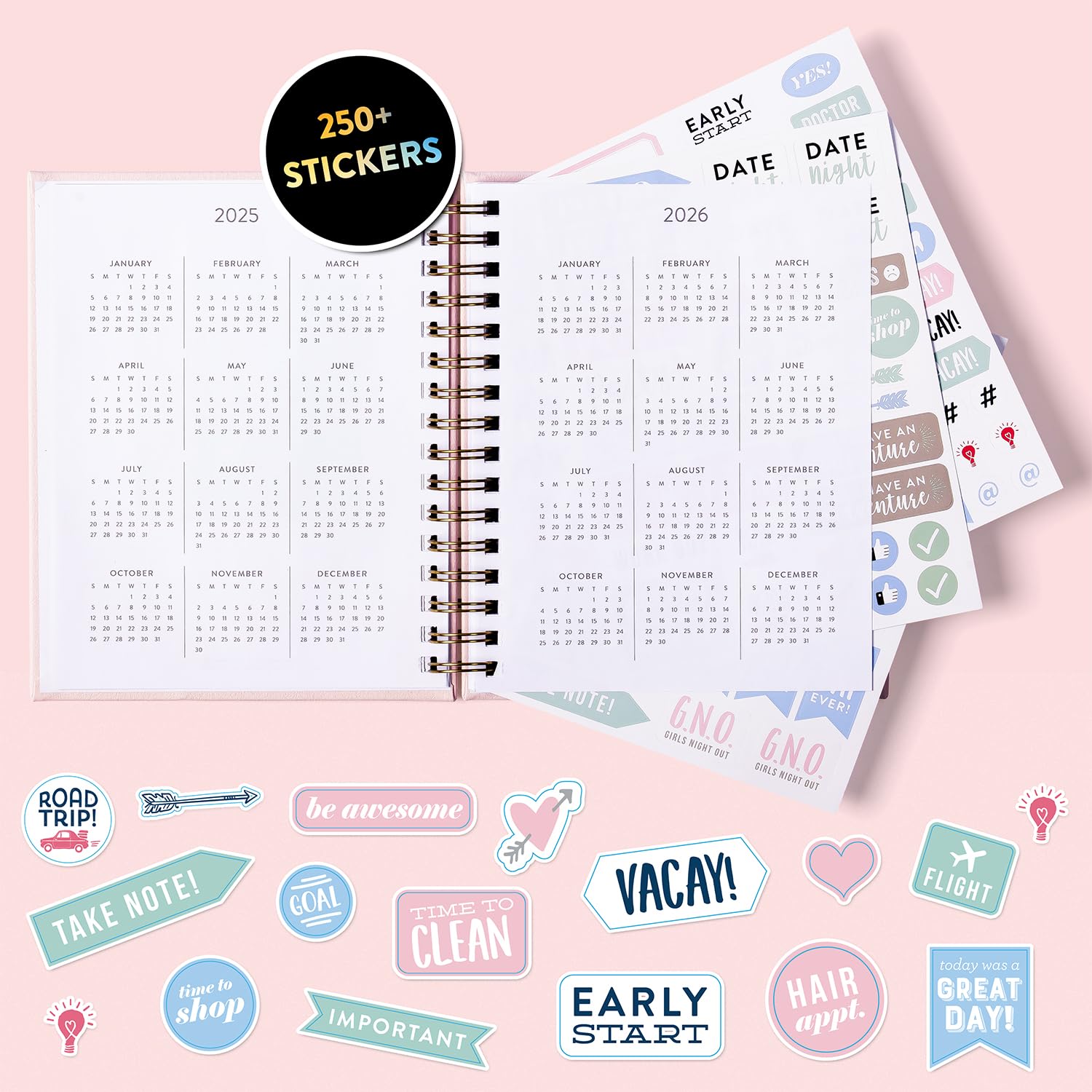 Eccolo 2025 Spiral Planner - Weekly & Monthly Agenda with Inspirational Quotes, Sticker Sheets, Hardcover (7.75