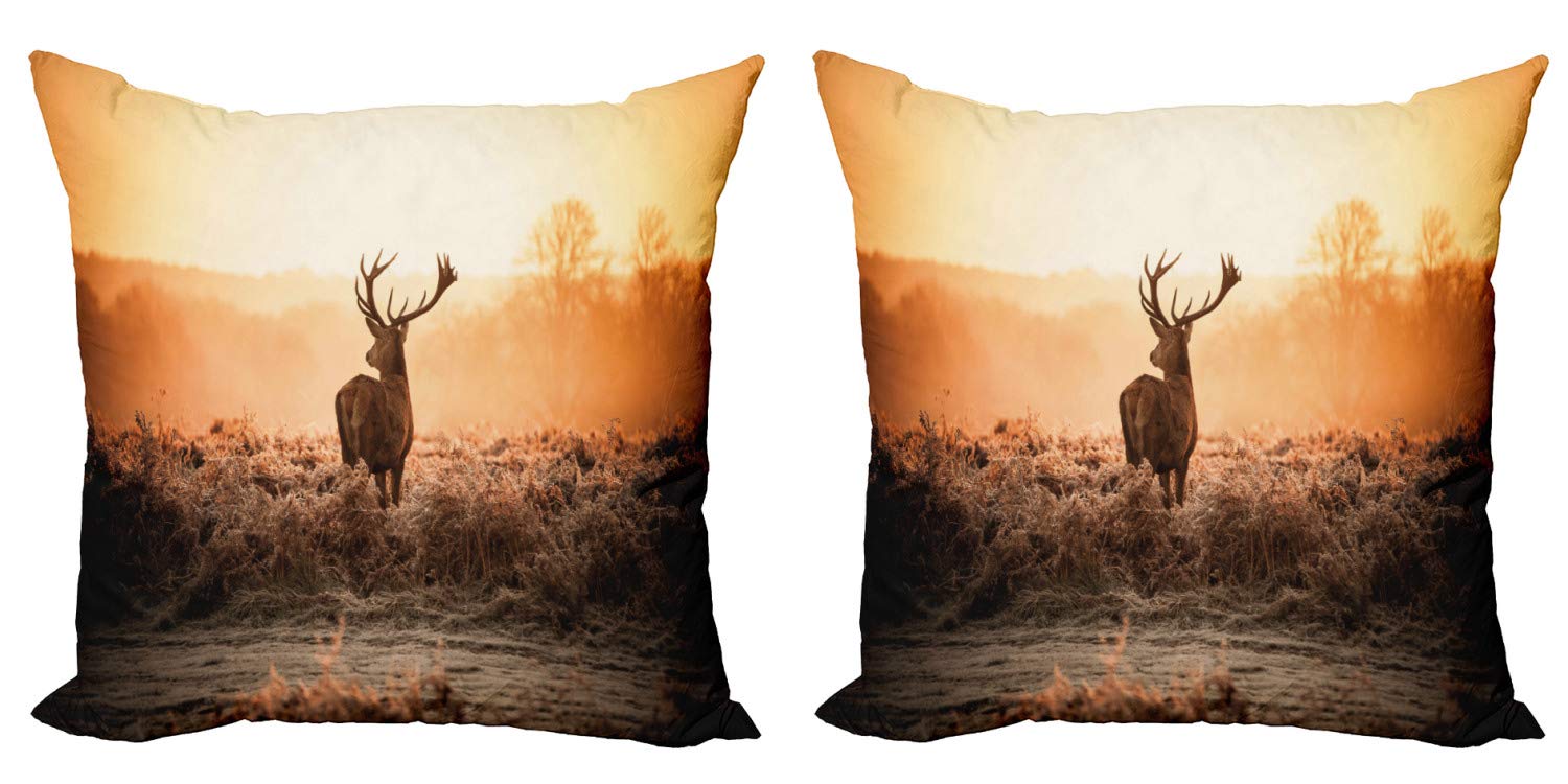 Ambesonne Hunting Throw Pillow Cover Set of 2 - Red Deer in Morning Sun Wilderness Nature Scenery, Countryside Heathers Design - 18 Inch Zippered Double-Sided Decorative Pillow Case (Brown/Orange) for Cabin, Lodge & Hunting Cabin Decor