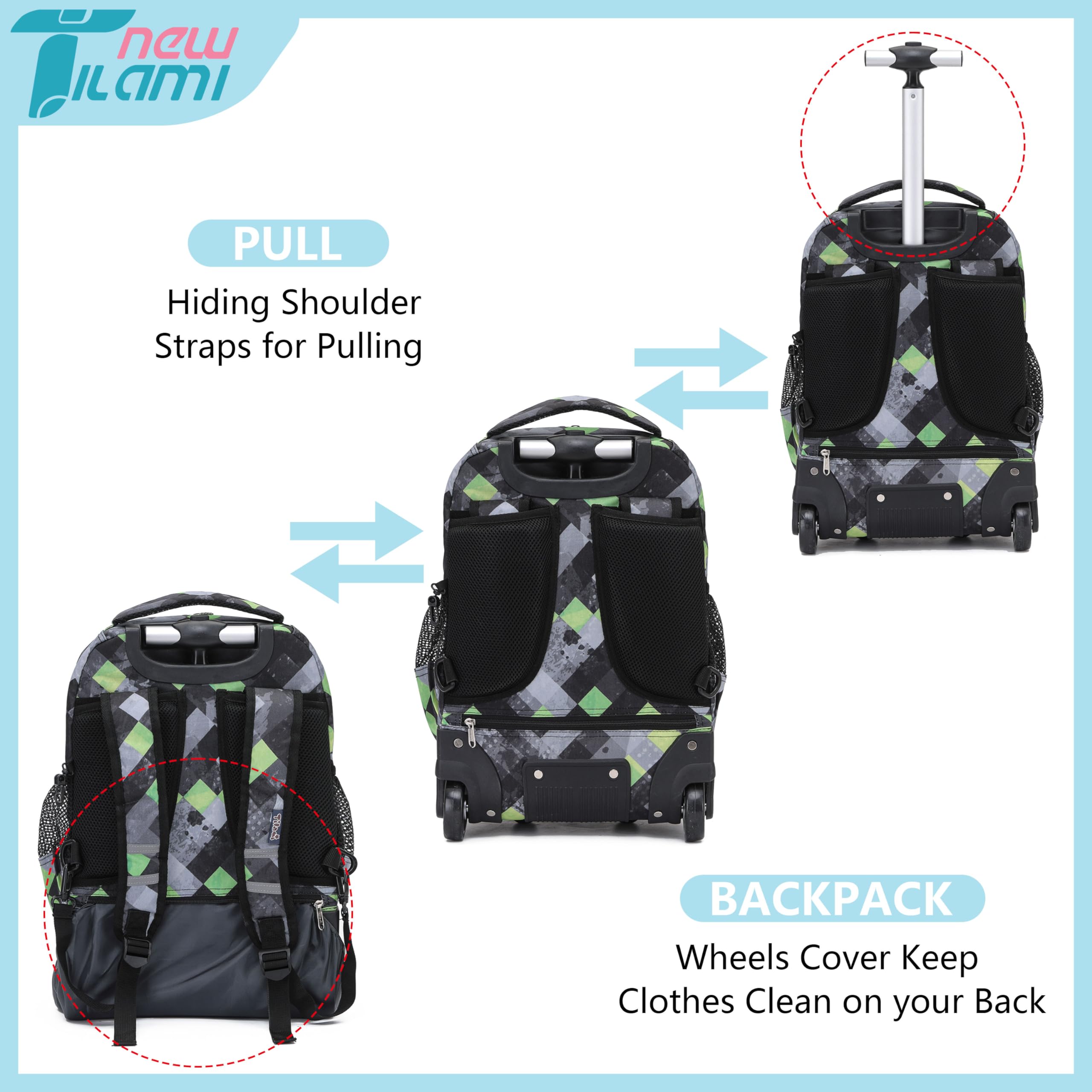 TILAMI 18 Inch Rolling Backpack for Kids - Wheeled Laptop Backpack with Extendable Handle, Durable School Backpack for Travel, College & Airplane Carry-On (Ideal for School, Commuting & Family Trips)