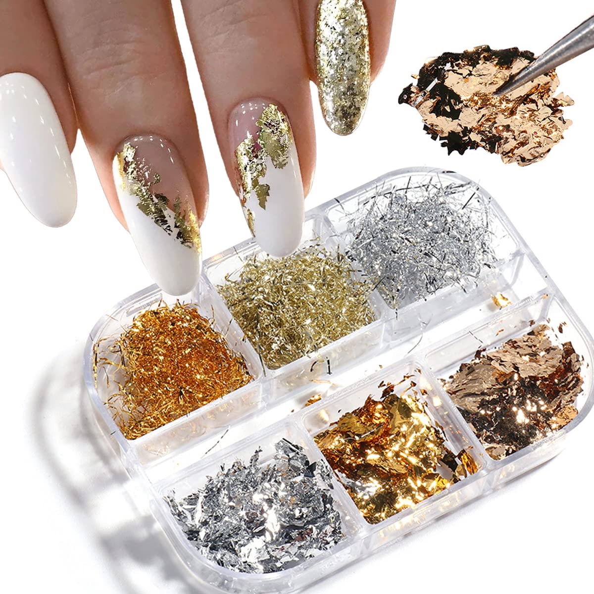 Holographic Glitter Nail Art Foil Flakes - 3D Sparkly Aluminum Foil Sequins for Nail Designs - Gold & Silver Irregular Strip Glitter for Acrylic Nails (6 Grids) - Perfect for Salon, DIY Manicure & Nail Art Enthusiasts