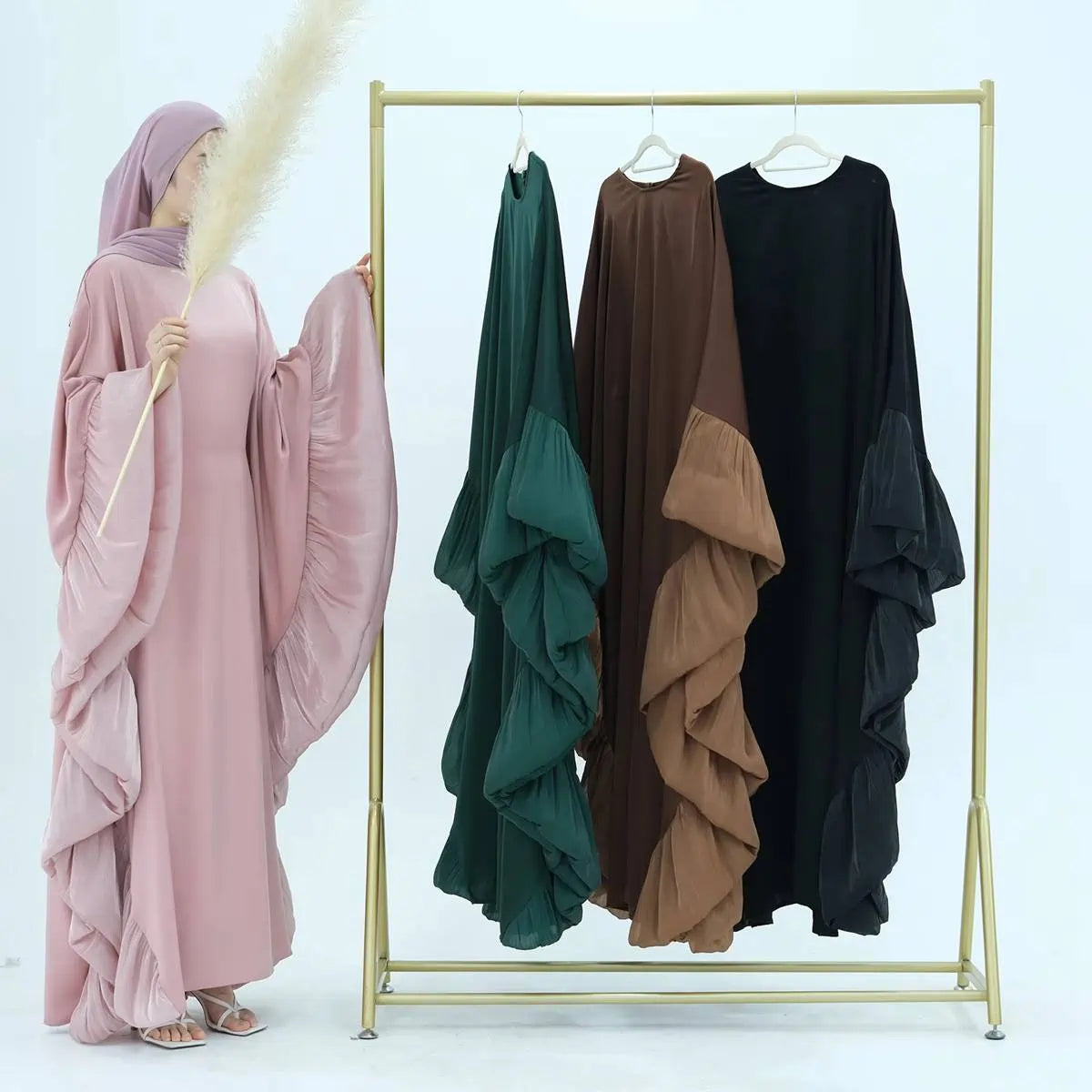 Elegant Butterfly Sleeve Farasha Abaya Dress with Inner Belt #25951 - Modest Muslim Women's Prayer Dress for Mosque & Special Occasions