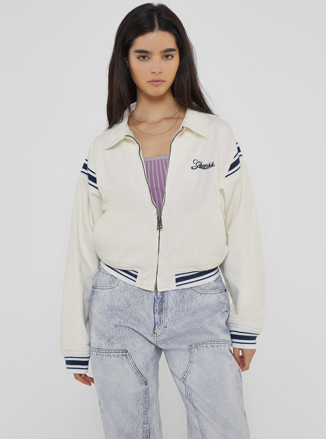Guess Originals White Cropped Jacket for Women | Stylish Denim Jacket | Perfect for Spring & Summer Outfits | Casual Wear, Street Style, and Date Nights
