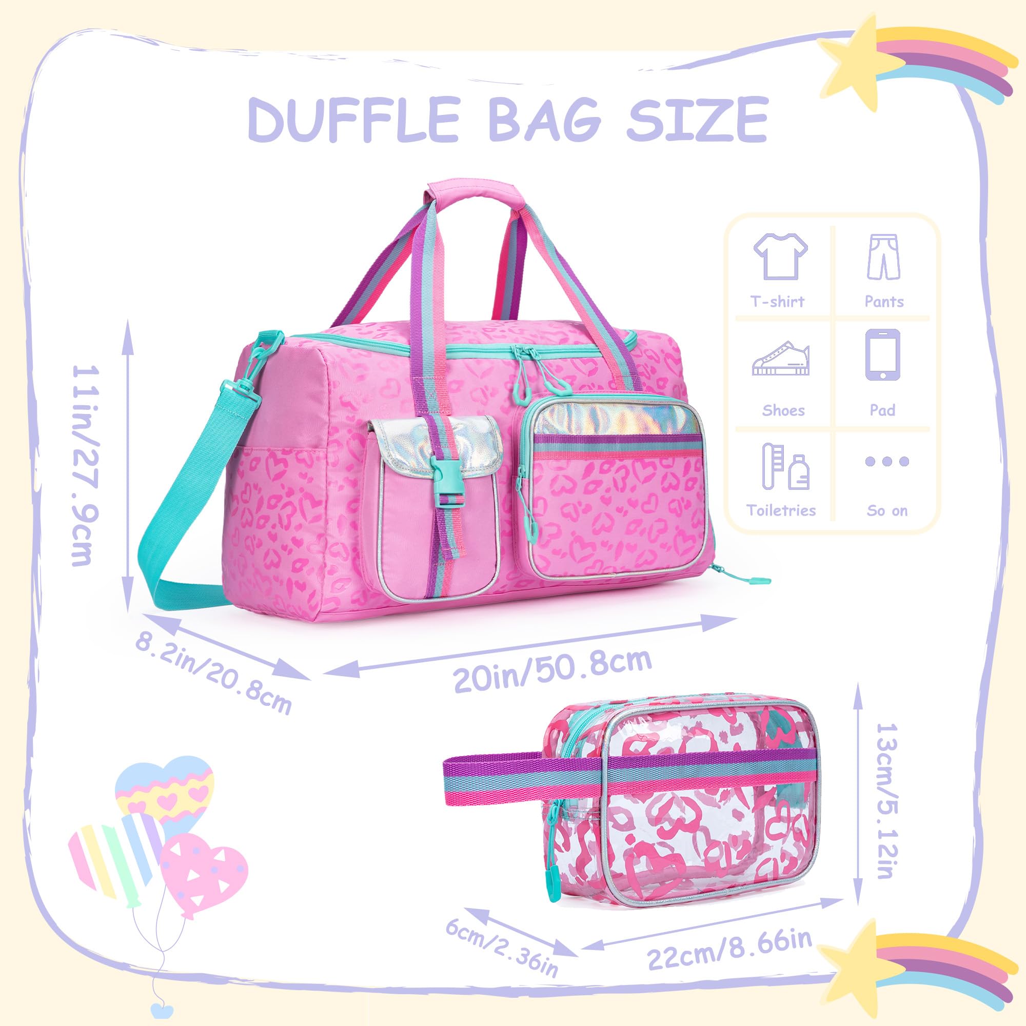 **Kids Travel Duffle Bag for Girls - Weekender Overnight Bag with Shoe Compartment & Makeup Toiletry Pouch - Perfect for Dance, Gym, Sleepovers & Travel**
