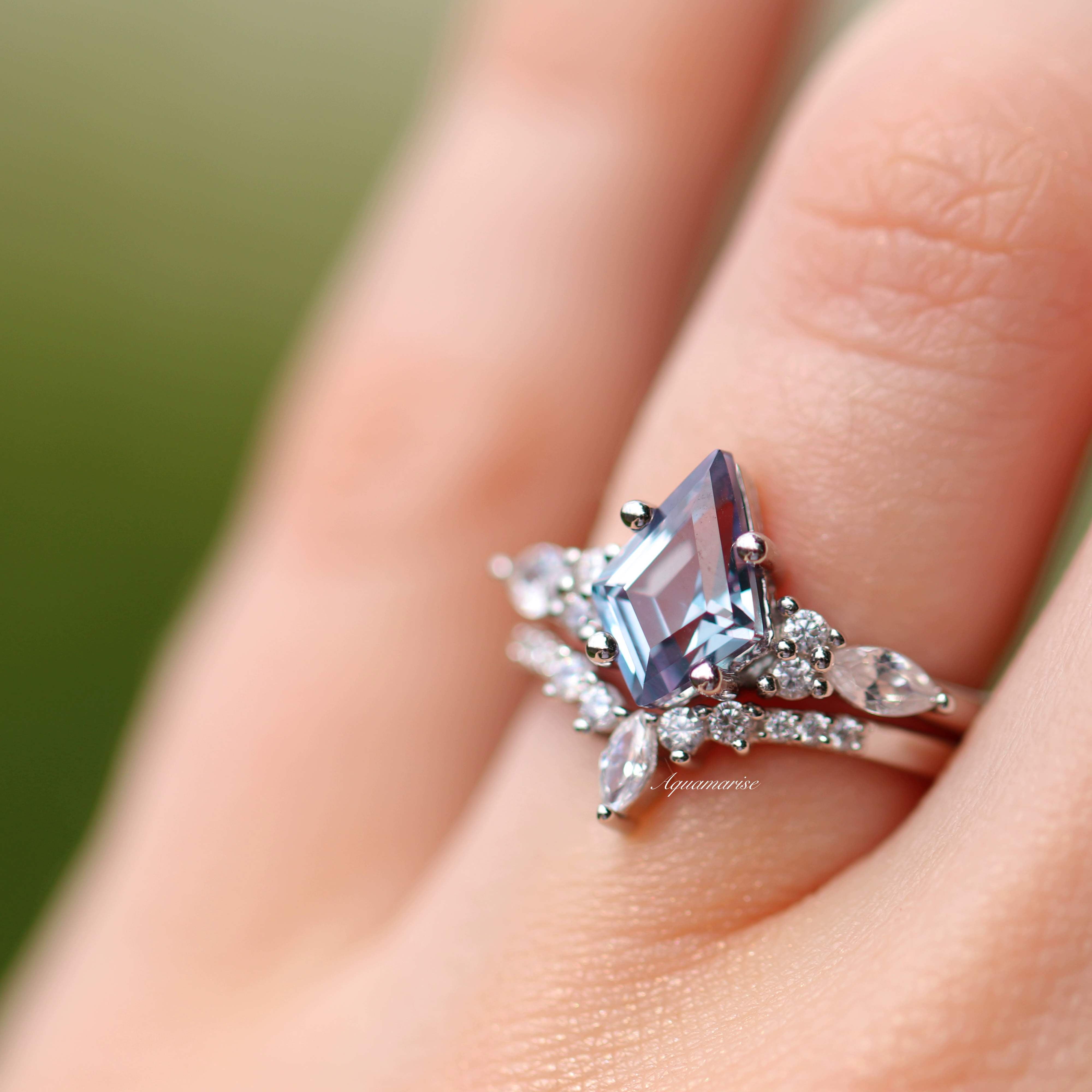 Skye Kite™ Alexandrite Engagement Ring Set - 14K White Gold Wedding Band, Vintage Inspired Bridal Jewelry for Proposals, Anniversaries & Special Occasions