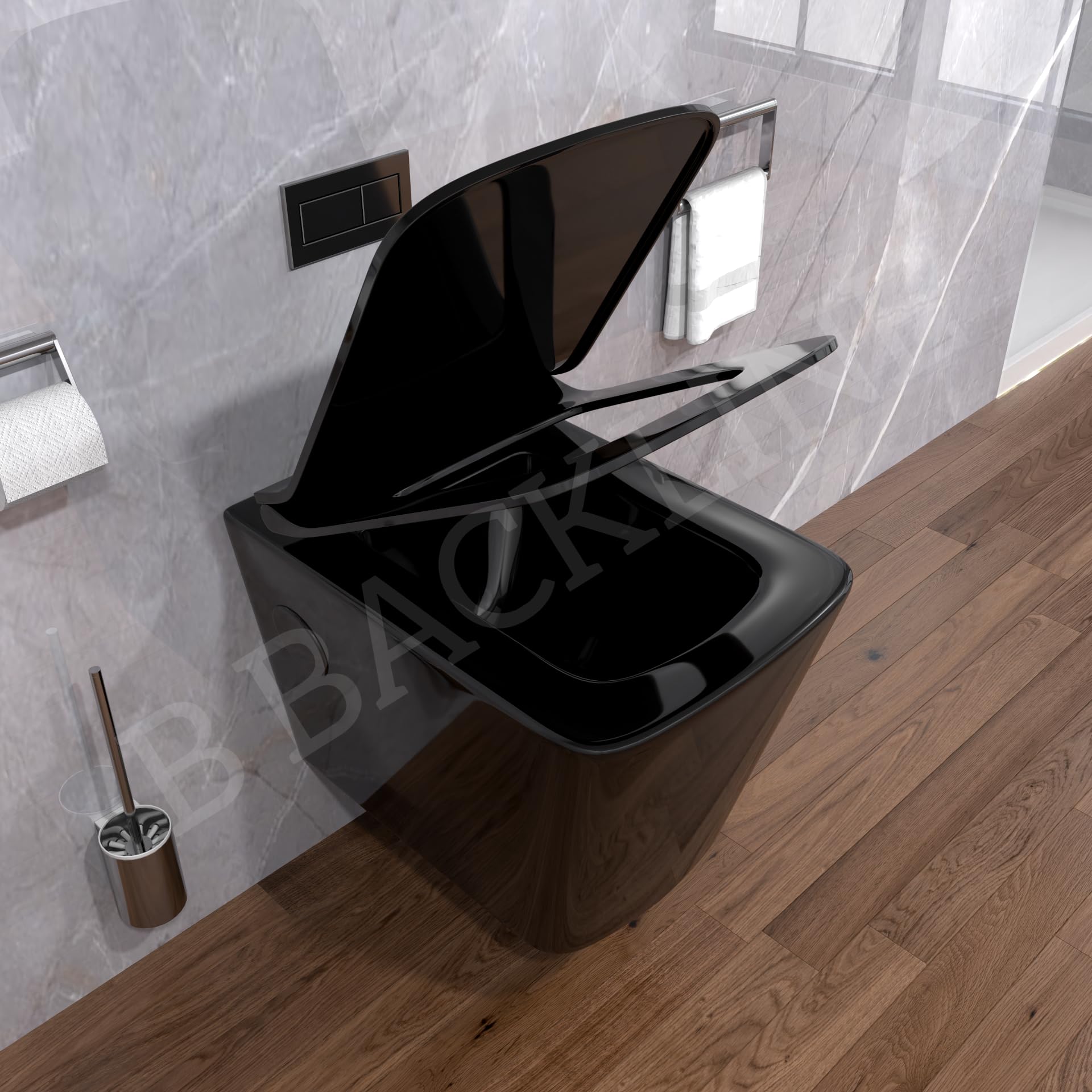 Premium Ceramic Wall-Mounted Rimless Western Toilet with Soft-Close Seat - Modern Black Glossy Bathroom Commode (P-Trap Outlet) for Home, Hotel & Luxury Spaces
